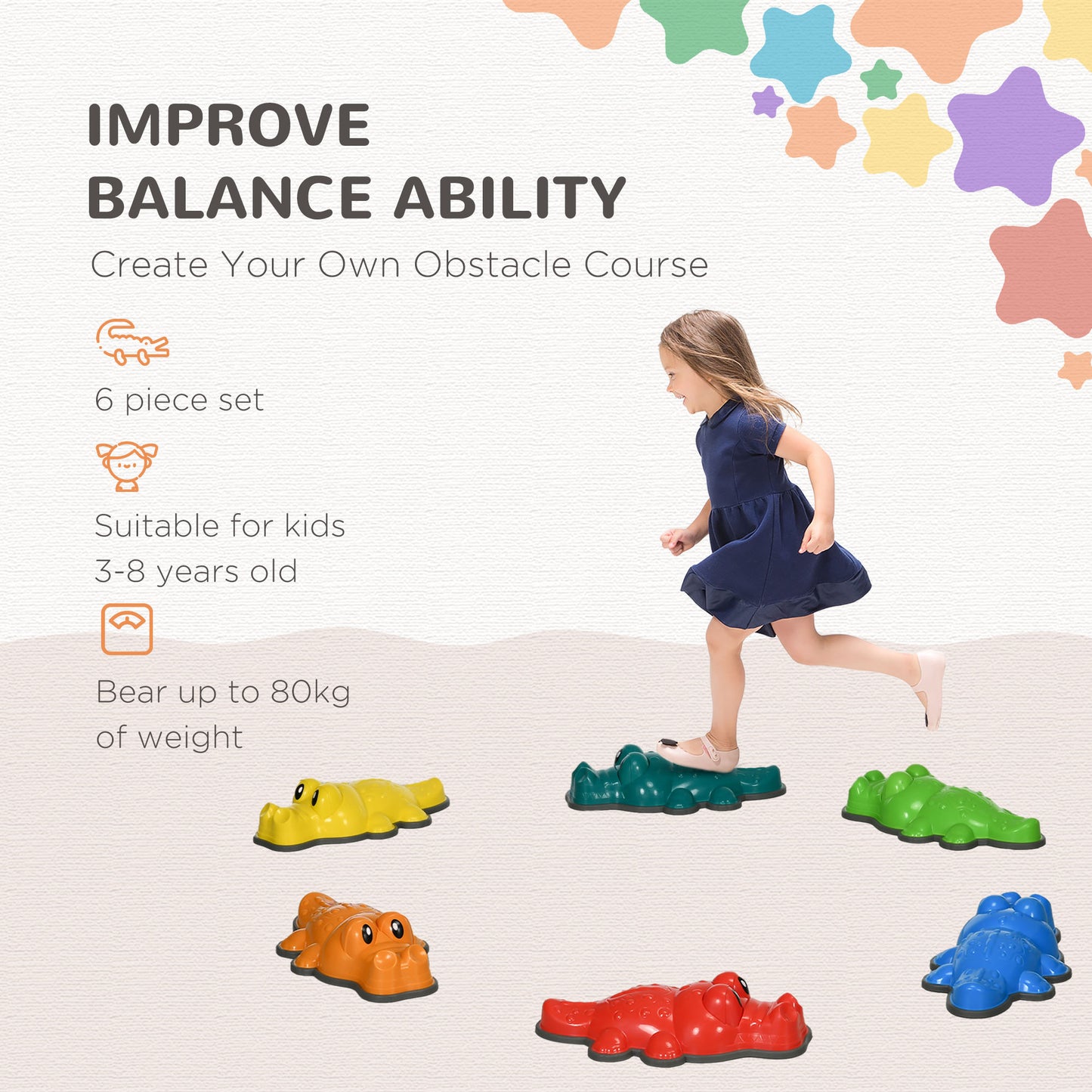 ZONEKIZ 6PCs Kids Stepping Stones CrocodileDesigned Sensory Toys with AntiSlip Edge Balance River Stones