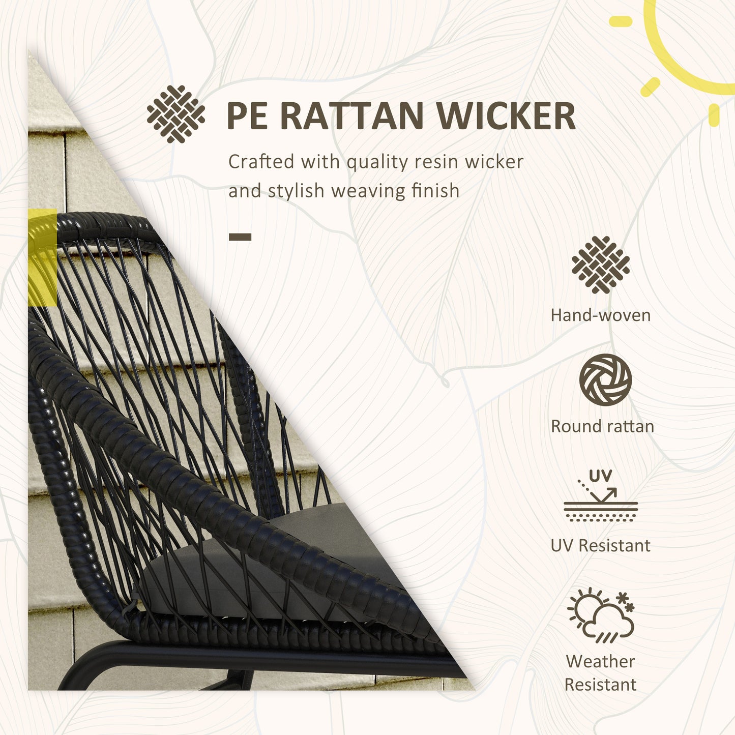 Outsunny 3 Piece Rattan Garden Bistro Set with Cushions, Round PE Rattan Furniture Set w/ 2 Armchairs & Metal Plate Coffee Table Conversation Furniture Sets, Black