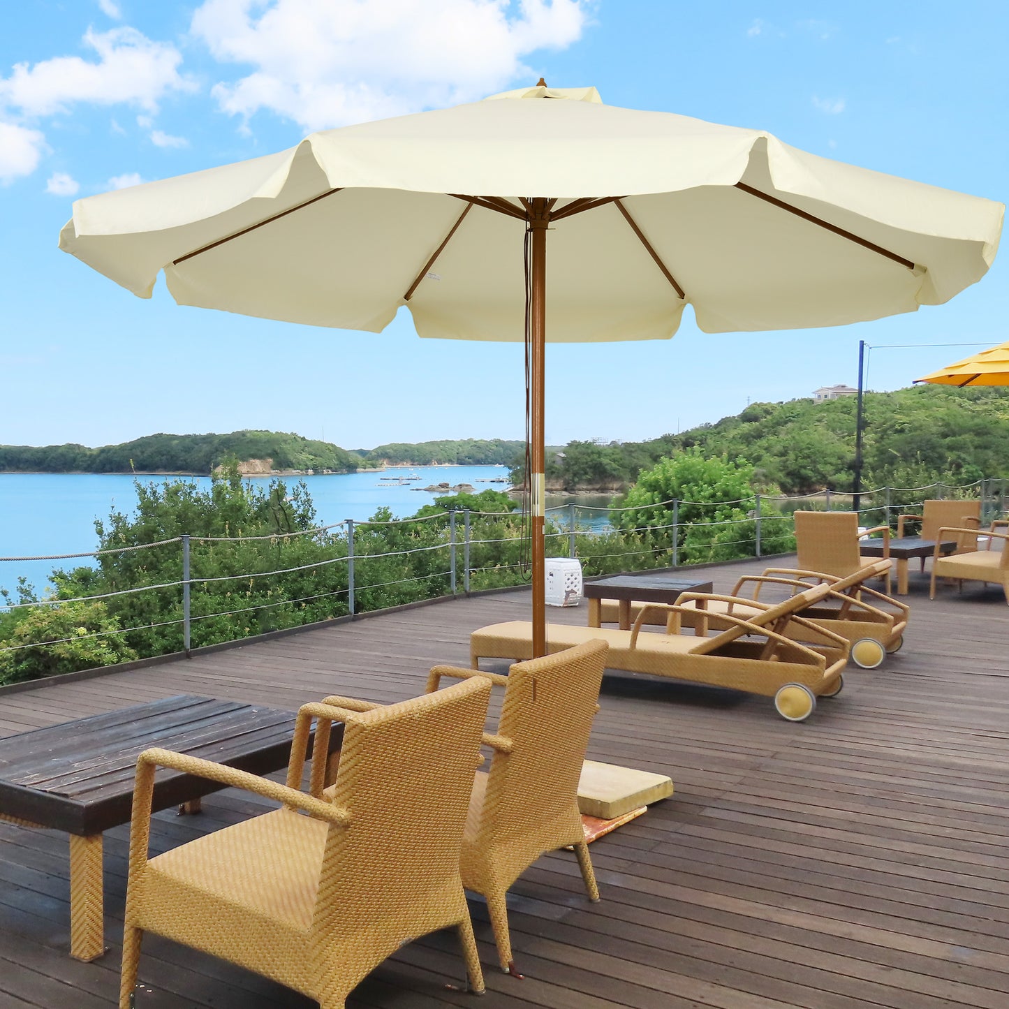 Outsunny 3.3(m) Patio Umbrella, Garden Parasol, Outdoor Sun Shade Canopy with 8 Bamboo Ribs, Ruffles and Wood Pole, Beige