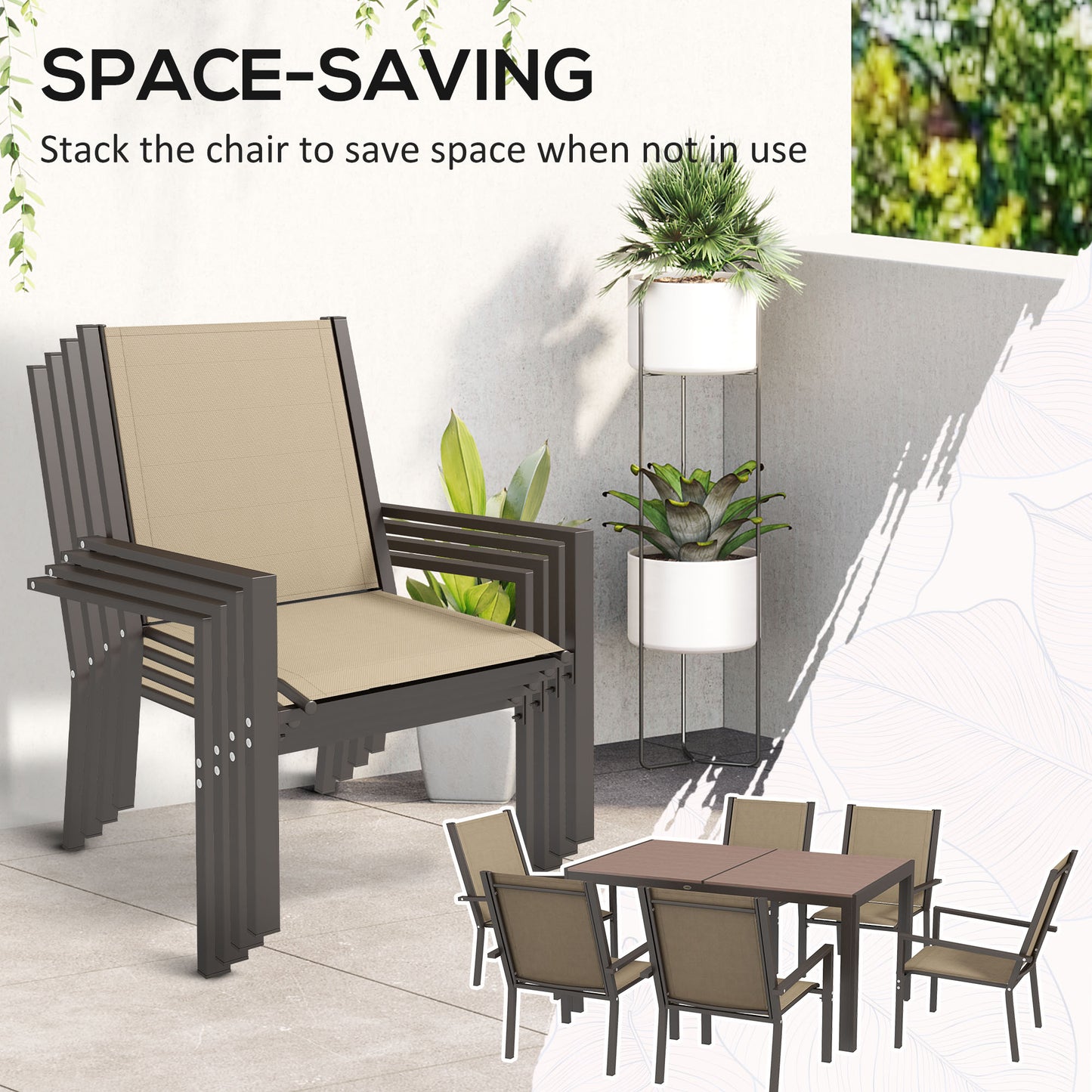 Outsunny 7 Pieces Garden Dining Set with Wood-plastic Composite Dining Table, Outdoor Table and 6 Stackable Armchairs with Breathable Mesh Fabric Seats and Backrest, Khaki