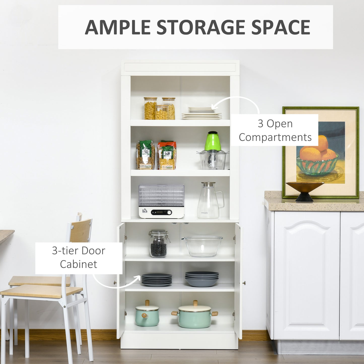 HOMCOM Kitchen Cupboard with 6-tier Shelving, Freestanding Storage Cabinet, Larder Pantry Sideboard with 3 Open Compartments and Double-door Cabinet with Adjustable Shelves, White