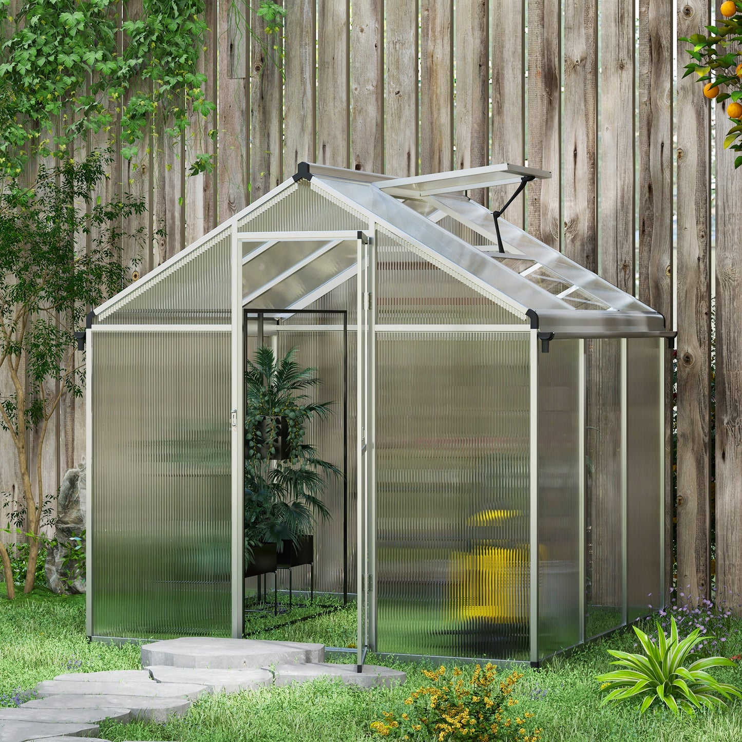 Outsunny 6 x 6ft Polycarbonate Greenhouse with Rain Gutters, Large Walk-In Green House with Door and Window, Garden Plants Grow House with Aluminium Frame and Foundation