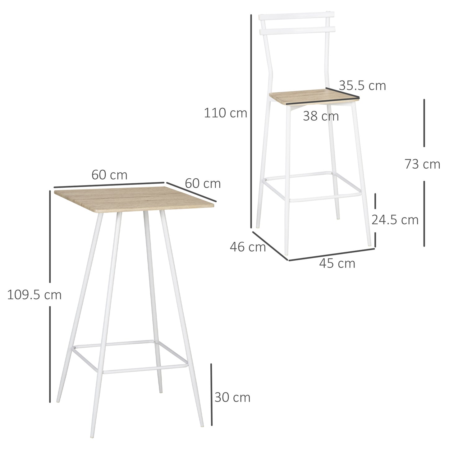 HOMCOM Bar Table and Stools, Breakfast Dining Table and Stools Set with Steel Frame and Footrest for Bar and Kitchen, White and Oak