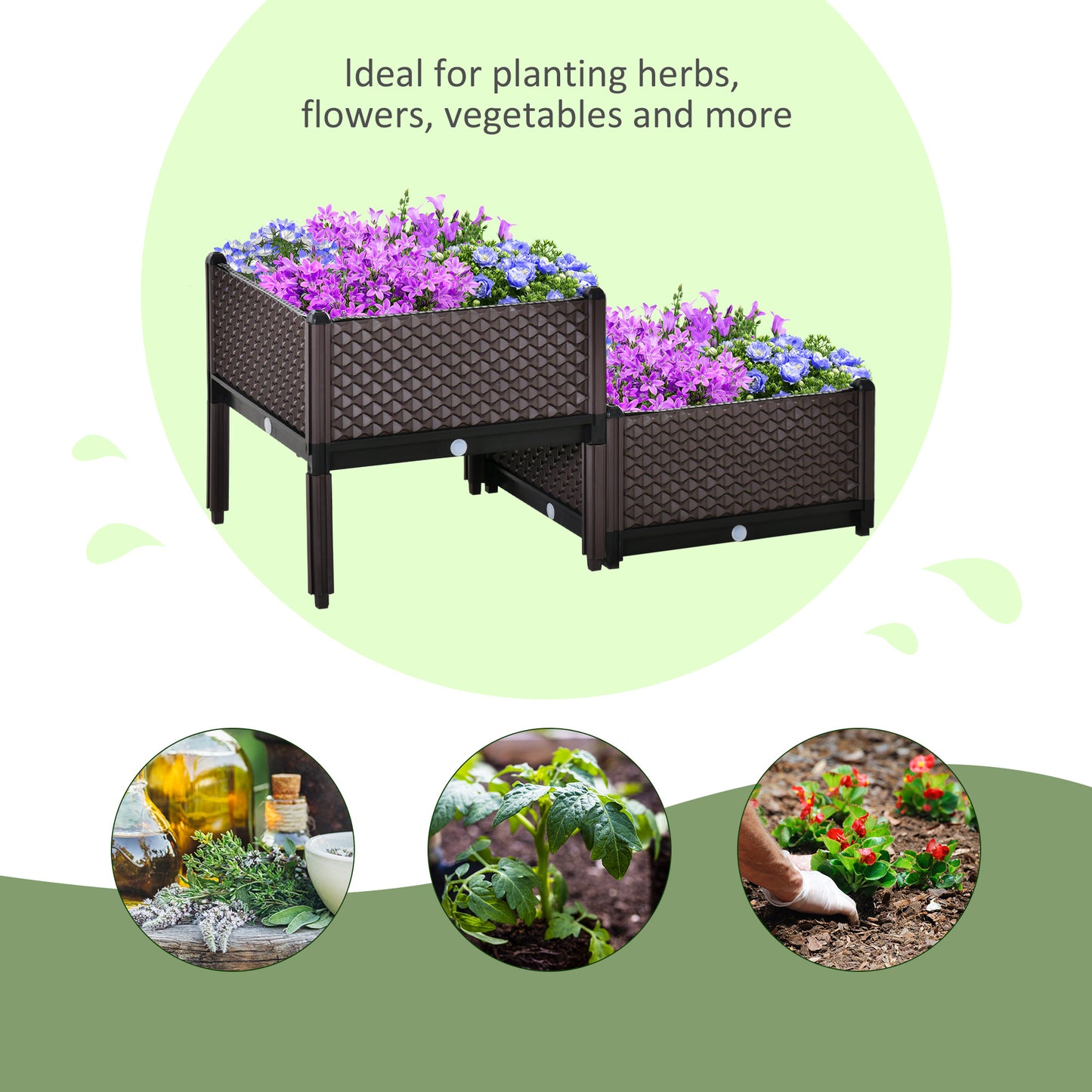 Outsunny Set of 2 Plastic Raised Garden Bed, Planter Box, Flower Vegetables Planting Container with Self-Watering Design and Drainage Holes for Patio Balcony