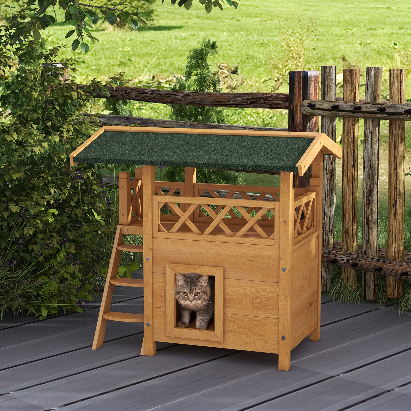 PawHut Cat House Outdoor w/ Balcony Stairs Roof 77 x 50 x 73 cm Natural Wood Finish