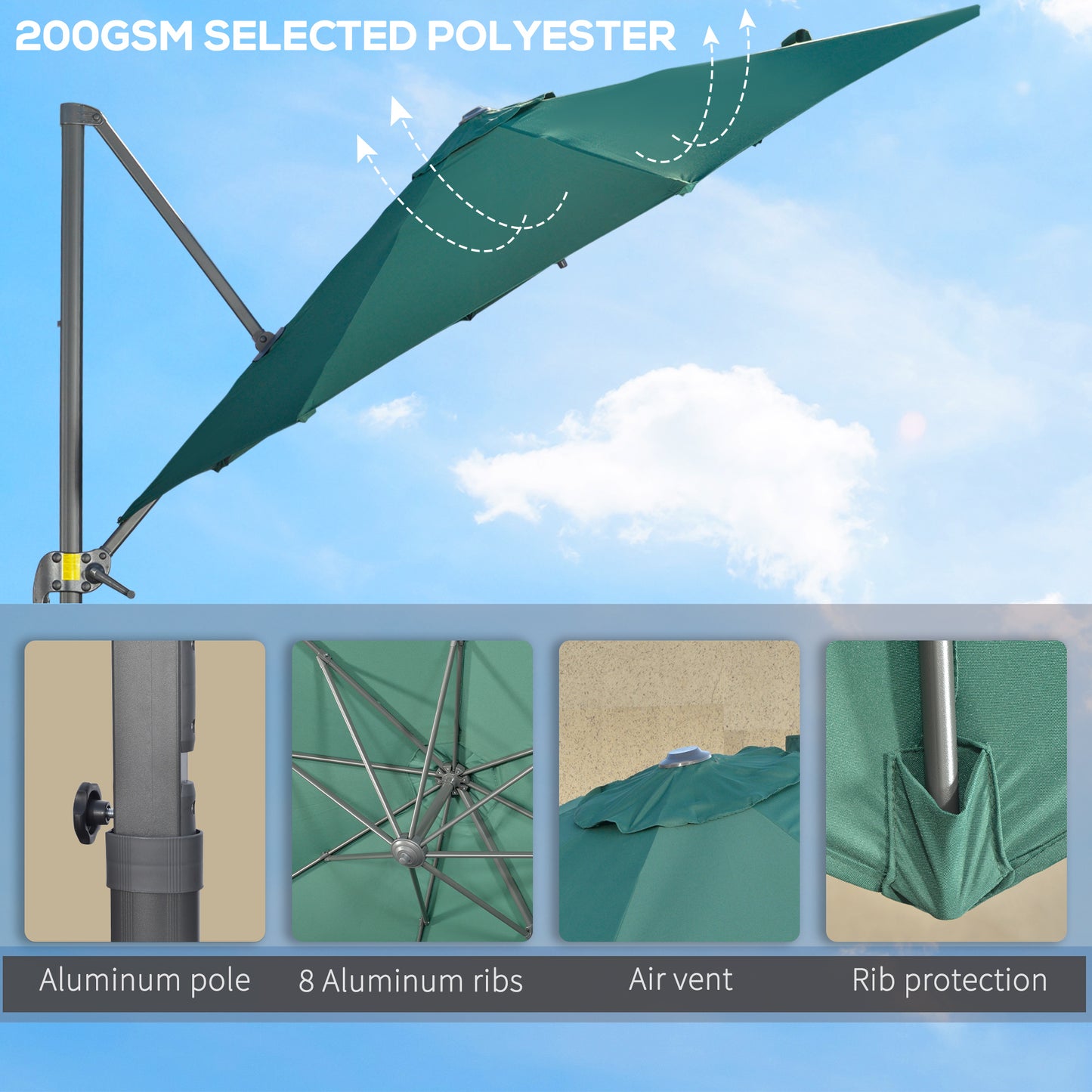 Outsunny 3m 360° Rotating Cantilever Parasol, with Cross Base - Green