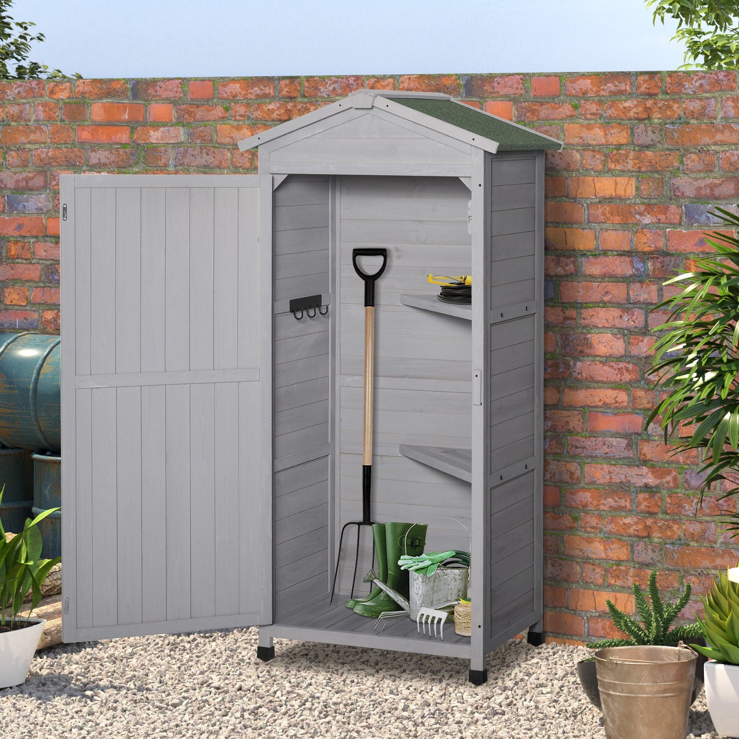 Outsunny Wooden Garden Cabinet 3-Tier Storage Shed 2 Shelves Lockable Organizer with Hooks Foot Pad 74 x 55 x 155cm Light Grey Hook