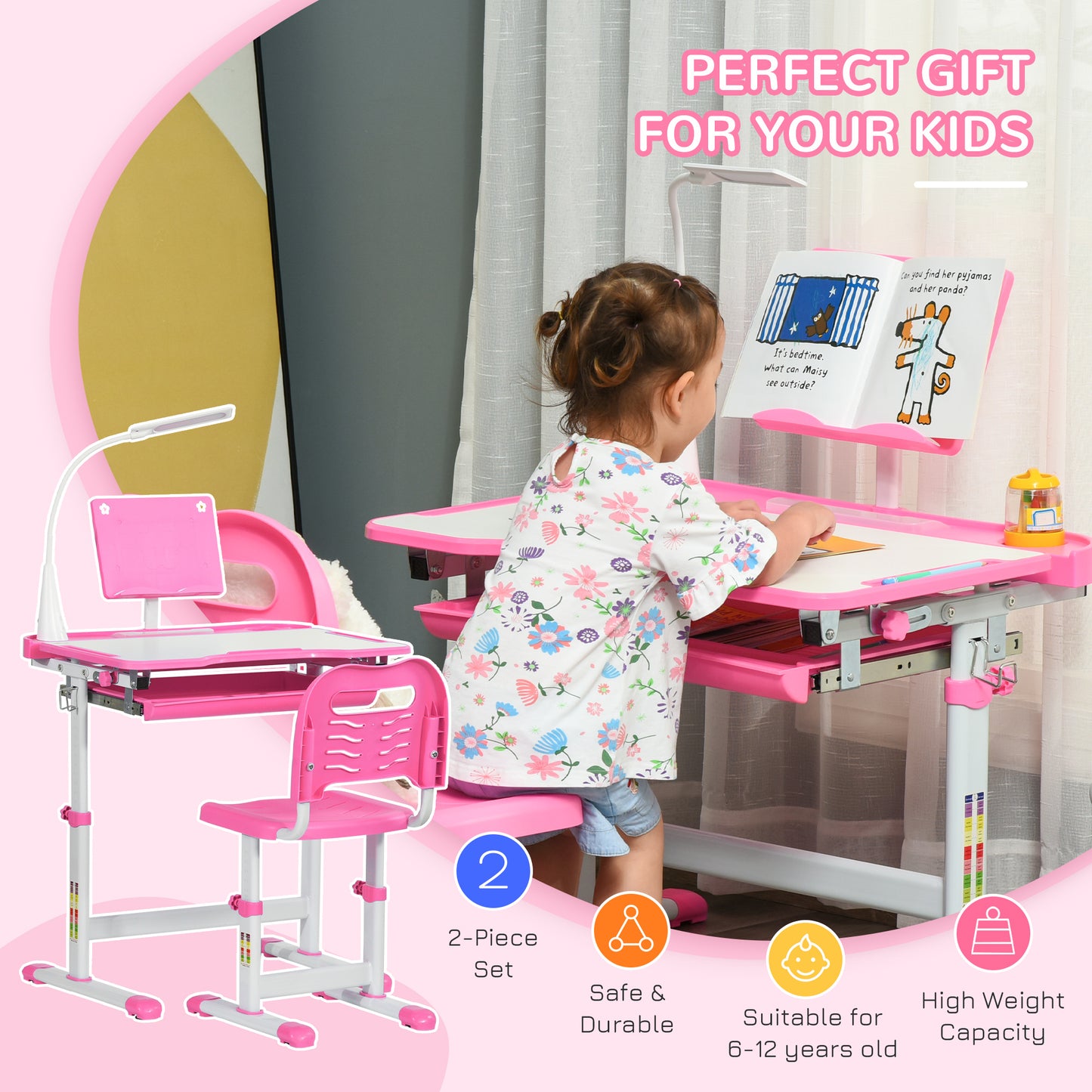 HOMCOM Kids Desk and Chair Set, Height Adjustable Study Desk with USB Lamp, Storage Drawer for Study, Pink and White