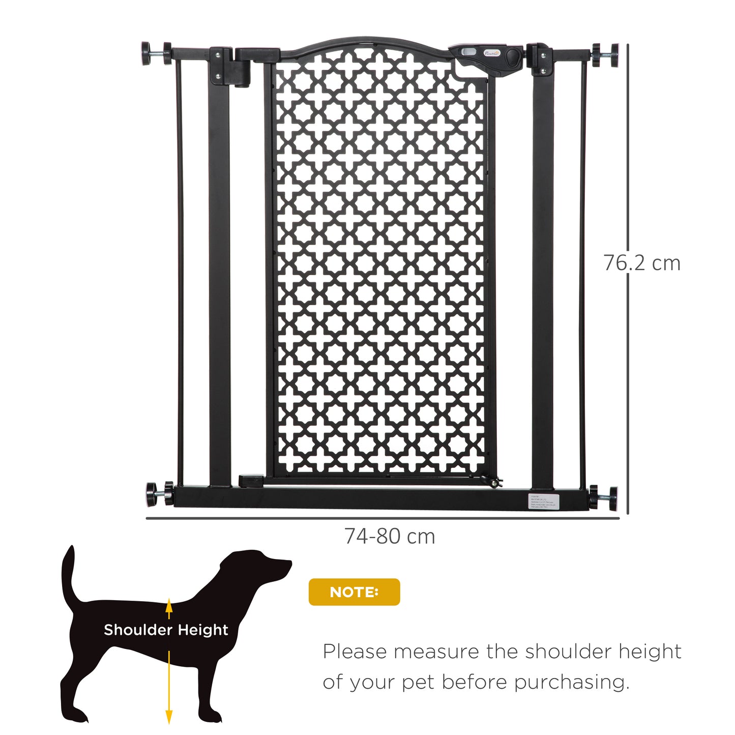 PawHut 74-80 cm Pet Safety Gate Barrier Stair Pressure Fit with Auto Close and Double Locking for Doorways, Hallways, Black