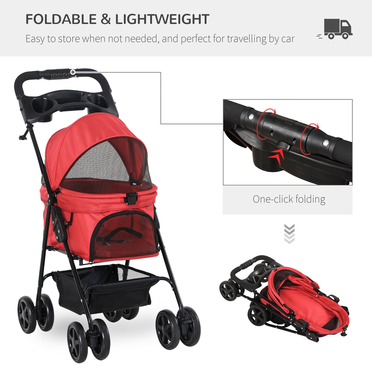 PawHut No-Zip Pet Stroller Dog Cat Travel Pushchair One-Click Fold Trolley Jogger with EVA Wheels Brake Basket Adjustable Canopy Safety Leash Red Foldable Carriage