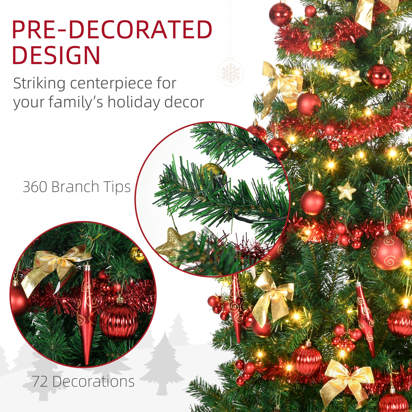 HOMCOM 5' Artificial Prelit Christmas Trees Holiday Décor with Warm White LED Lights, Auto Open, Tinsel, Ball, Star