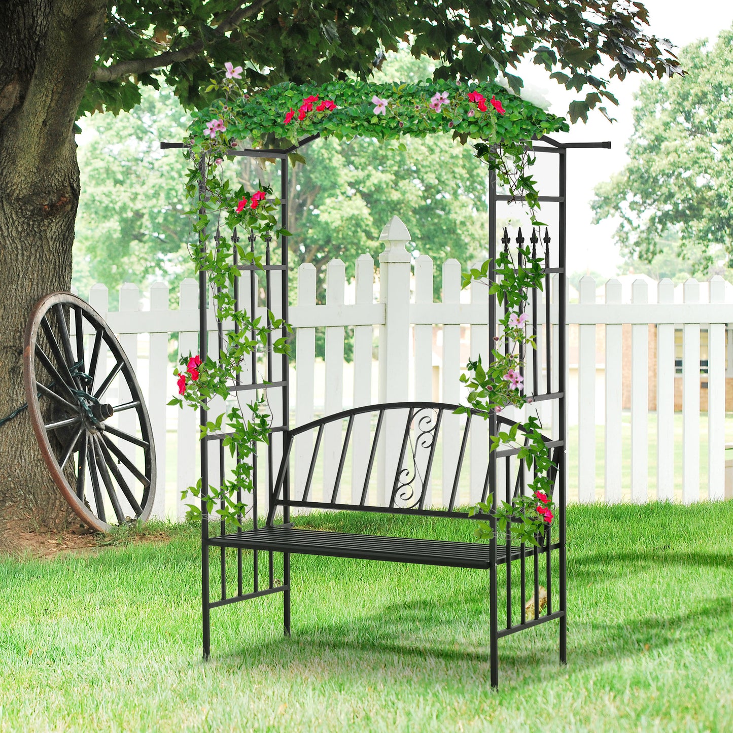 Outsunny Steel Frame Outdoor Garden Arch w/ 2-Seater Bench Black