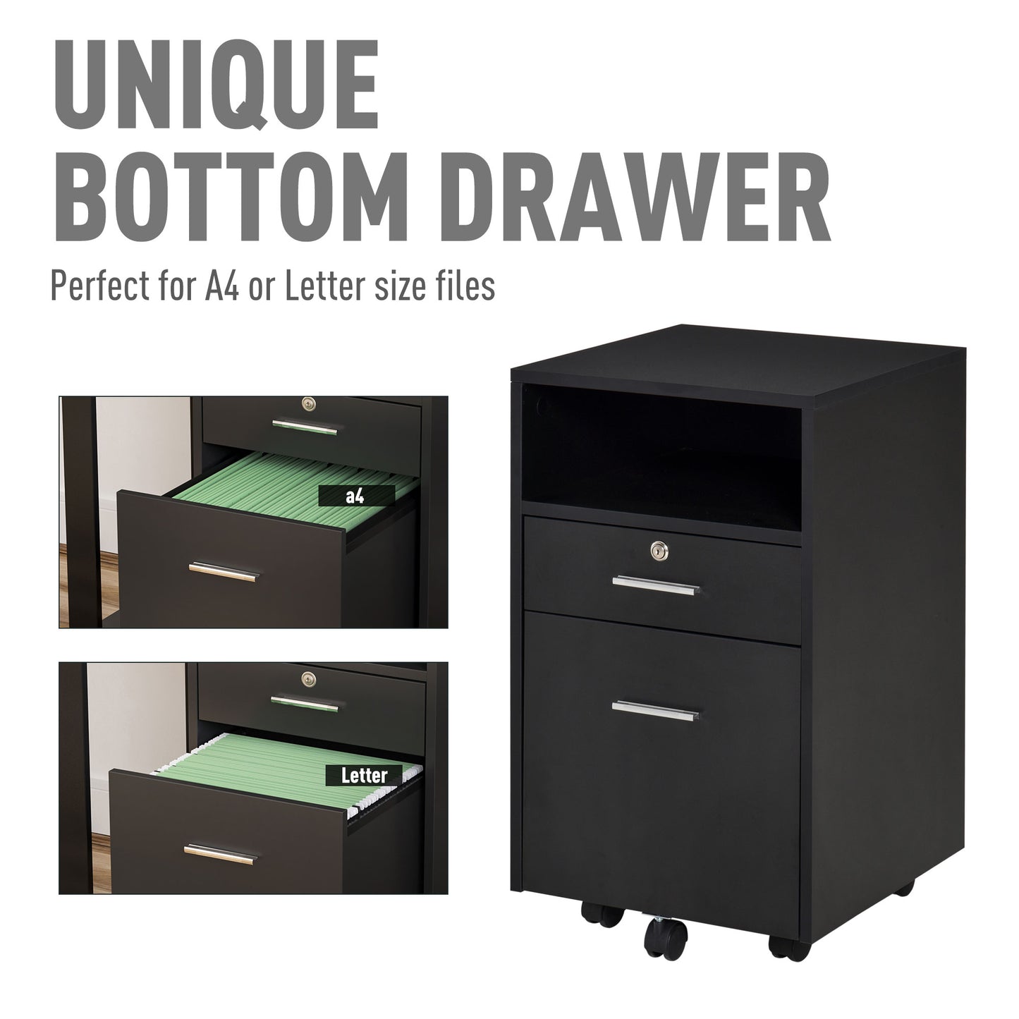Vinsetto Mobile File Cabinet Home Filing Furniture with Lock, Drawers and Adjustable Partition for Office, Bedroom and Living Room, 38.8x40x60cm, Black Documents Storage