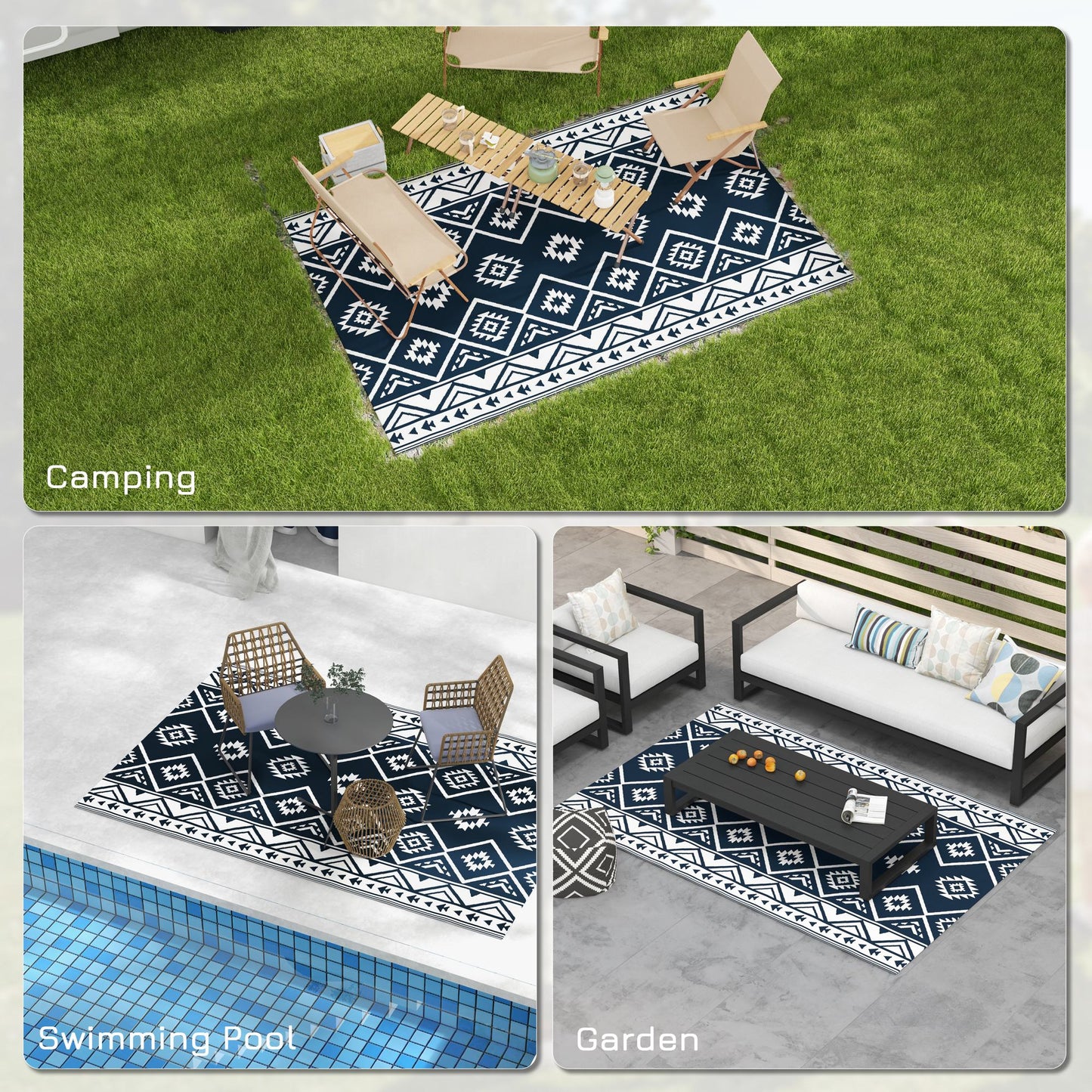 Outsunny Plastic Straw Reversible RV Outdoor Rug with Carry Bag, 182 x 274cm, Dark Blue and White