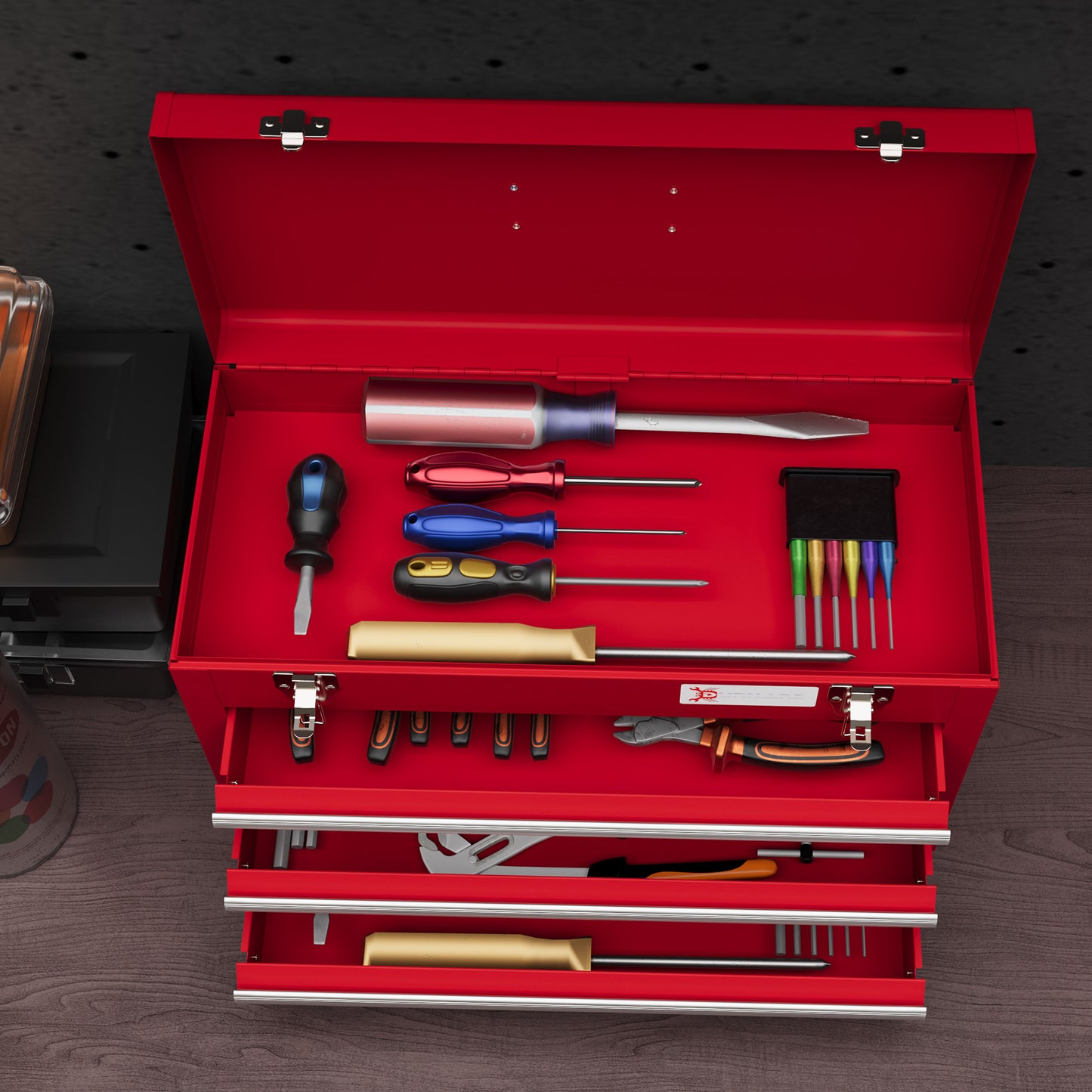 DURHAND Lockable Metal Tool Box 3 Drawer Tool Chest with Latches Handle Ball Bearing Runners Red