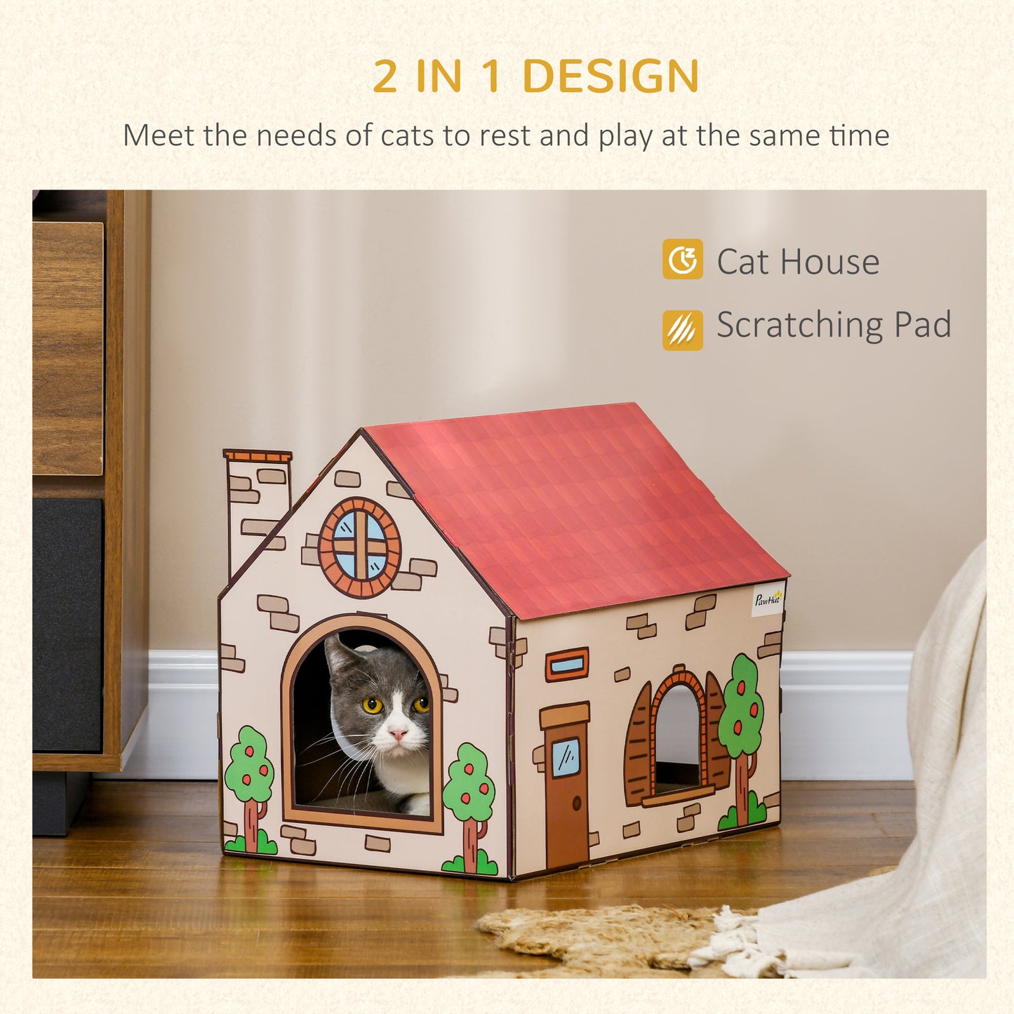 PawHut TwoInOne Cat House Cat Scratching Board with Scratcher Catnip Cat Cardboard Scratcher for Indoor Cats