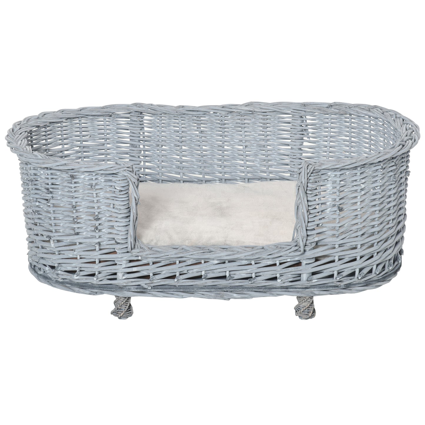 PawHut Wicker Dog Bed Basket Pet Sofa Cat Lounge Furniture with Elevated Base Soft Padded Cushion Grey 92cm X 52cm X 38cm Wiker w/