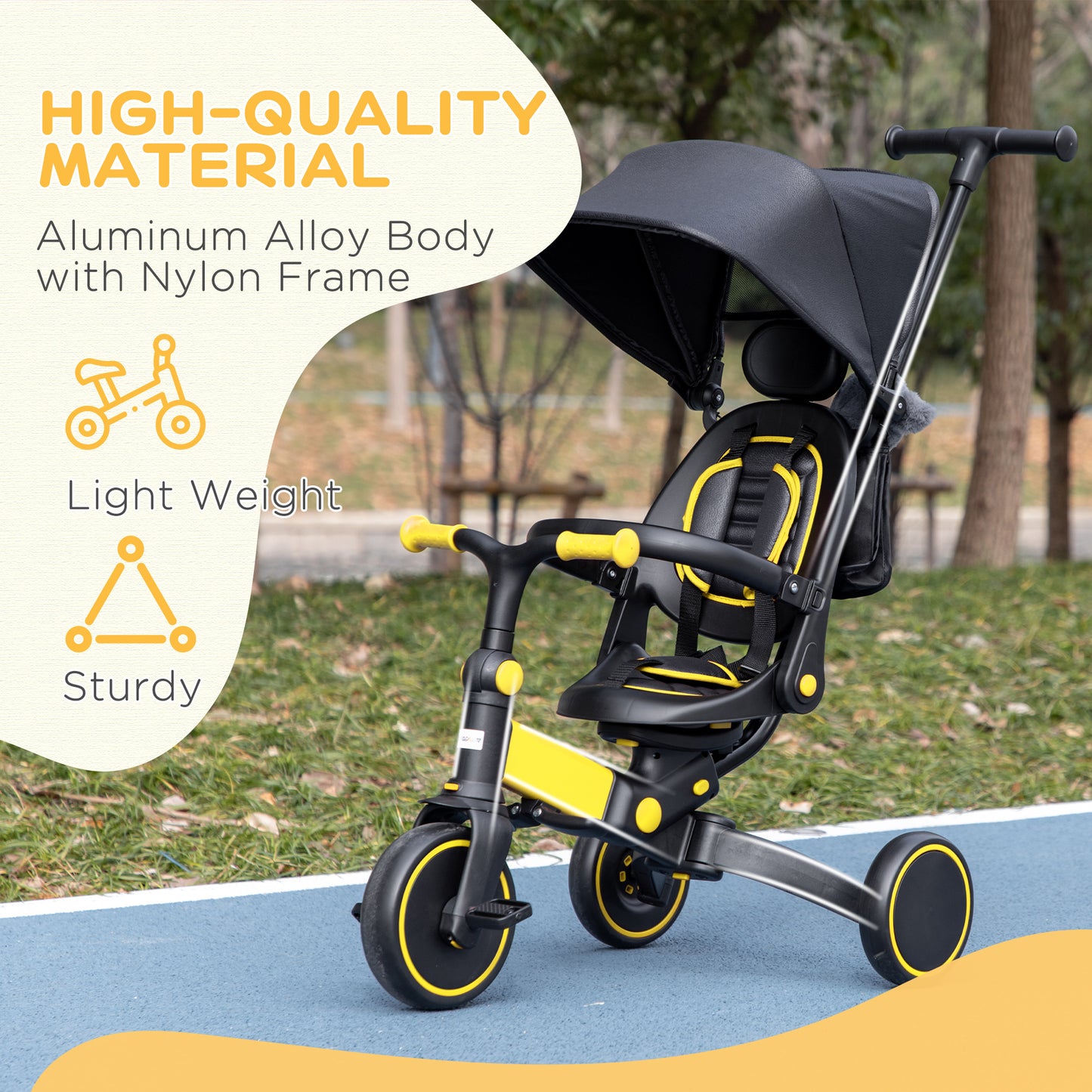 AIYAPLAY 3-in-1 Tricycle for Kids with Aluminium Frame, Baby Trike with Adjustable Push Handle, Canopy and Seat Angle for 18-48 Months, Yellow