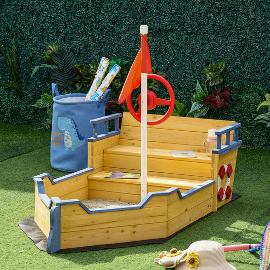Outsunny Kids Wooden Sandpit Pirate Ship Sandboat Children Sandbox Outdoor Backyard Playset Play Station w/ Bench Seat Storage Space Flag Bottom Liner Cedar Wood 158x78x45.5cm