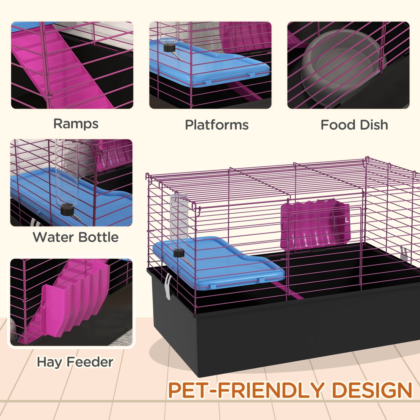 PawHut Chinchillas Small Rabbit Guinea Pig Small Animal Cage Pet Playhouse with Platform Ramp 71 x 46 x 47cm