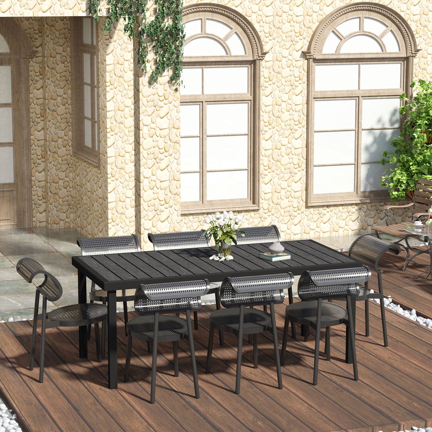 Outsunny Aluminium Outdoor Garden Dining Table for 8 People, Faux Wood Top, for Garden, Lawn, Patio, 190 x 90 x 74cm, Black