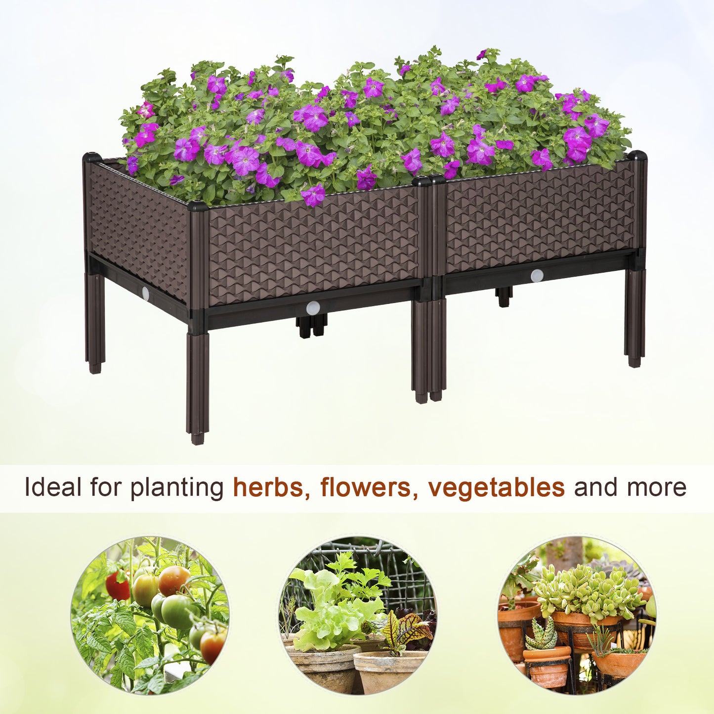 Outsunny Set of 2 Garden Raised Bed, Elevated Planter Box, Flower Vegetables Planting Container with Self-Watering Design and Drainage Holes for Flower,