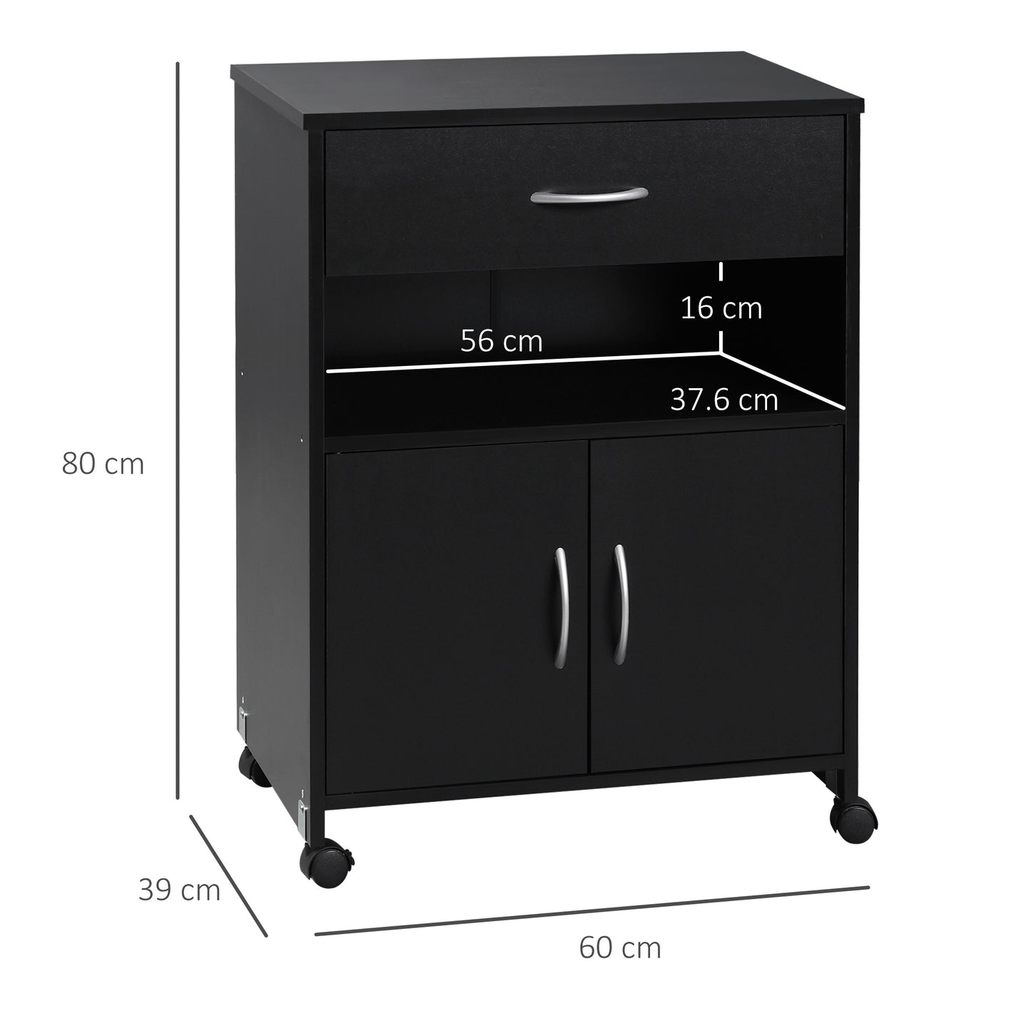 Vinsetto Printer Stand Mobile Printer Cabinet with Storage, Open Shelf, Drawer for Home, Office, Black Storage Shelf Universal Wheels Home