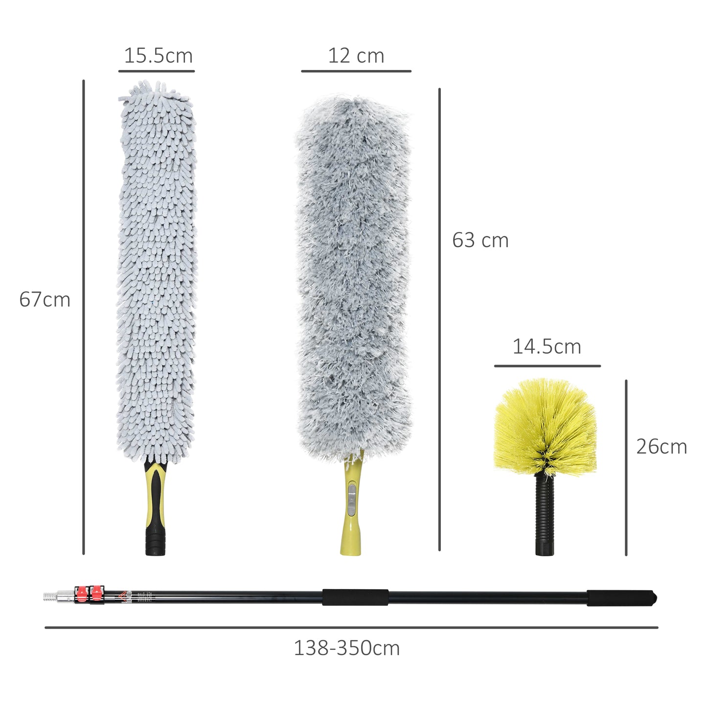 HOMCOM Extendable Feather Duster with Telescopic Pole 3.5m/11.5ft, Microfiber Duster Cleaning Kit with Bendable Head for Cleaning High Ceiling Fans, Blinds, Cobweb