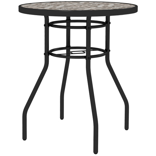Outsunny Tempered Glass Top Garden Table with Glass Printed Design, Steel Frame, Foot Pads for Porch, Balcony, Tan Brown