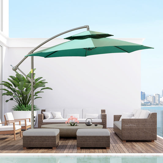 Outsunny 2.7m Garden Banana Parasol Cantilever Umbrella with Crank Handle, Double Tier Canopy and Cross Base for Outdoor, Hanging Sun Shade, Green