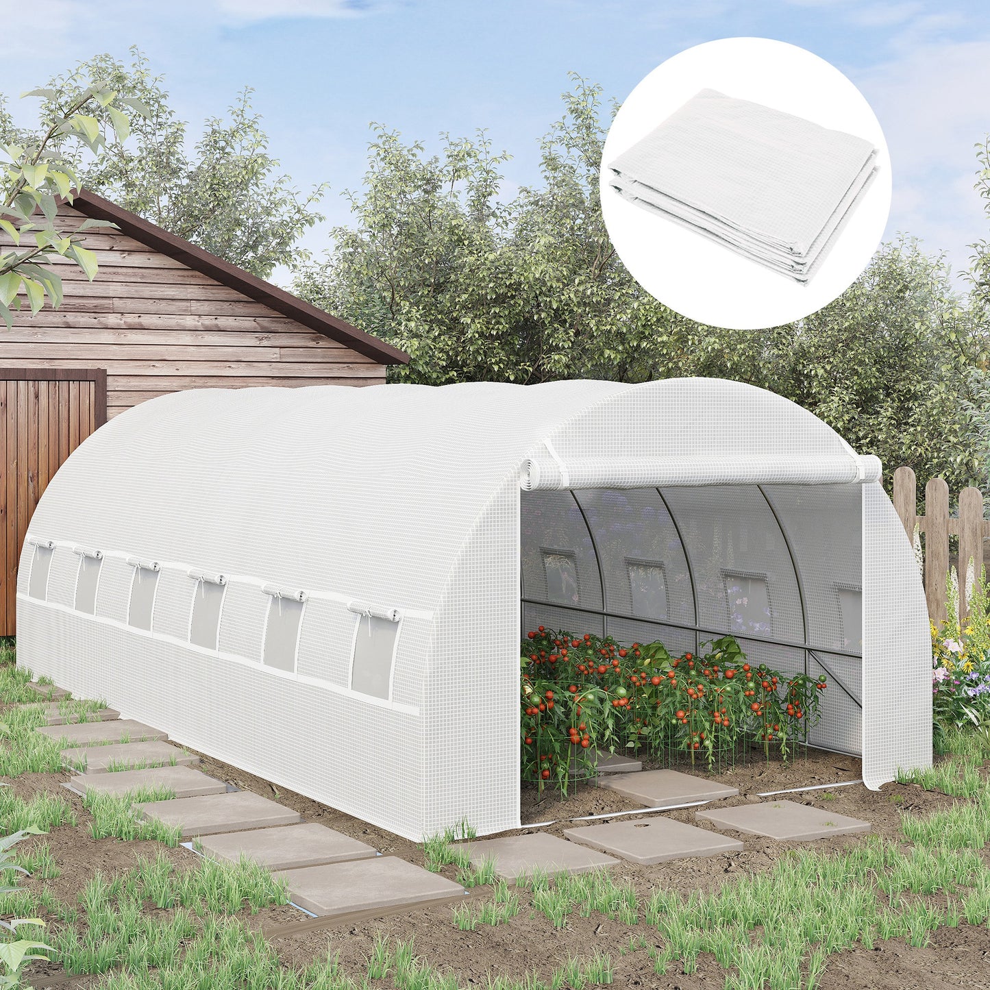 Outsunny Greenhouse Replacement Cover ONLY Winter Garden Plant PE Cover with Rollup Windows Door 6 x 3 x 2m White