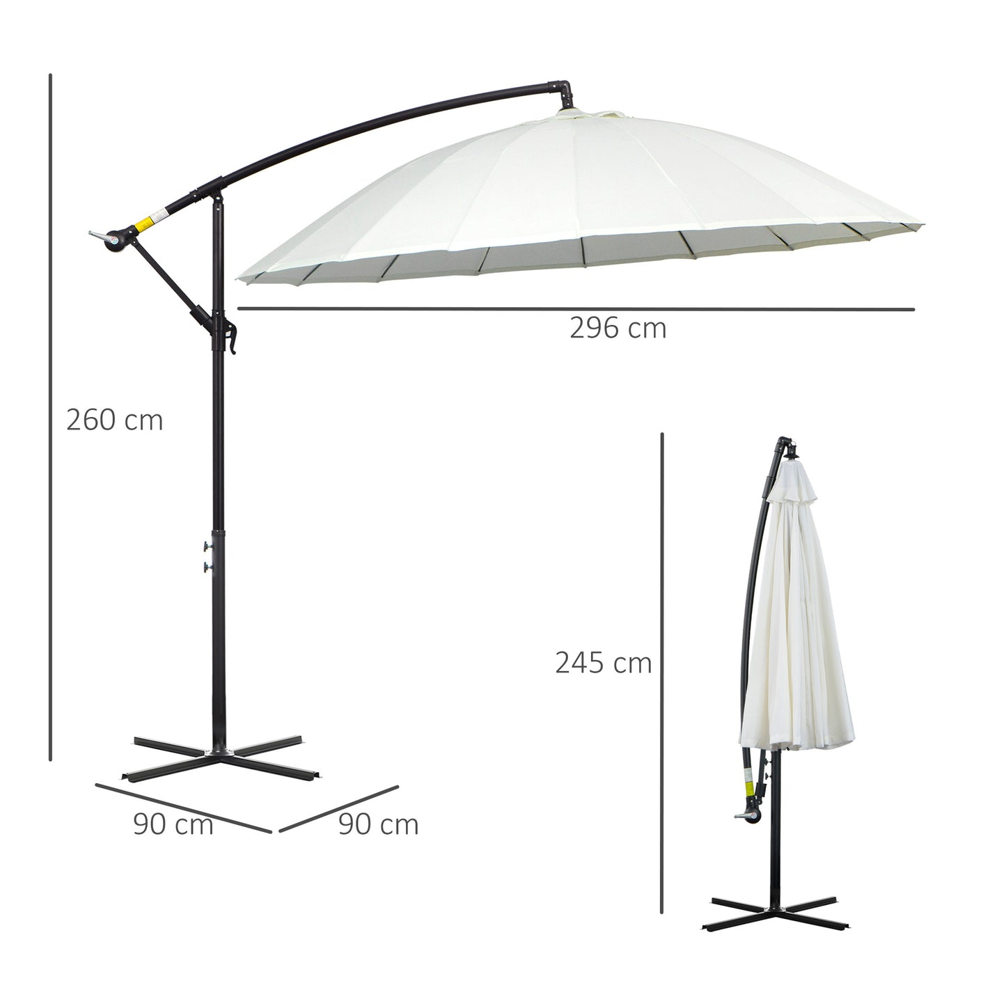 Outsunny 3(m) Cantilever Sun Umbrella Outdoor Market Table Parasol w/ 18 Sturdy Ribs Cross Base for Garden Lawn Pool Cream White & Vents Adjustable Angle Patio