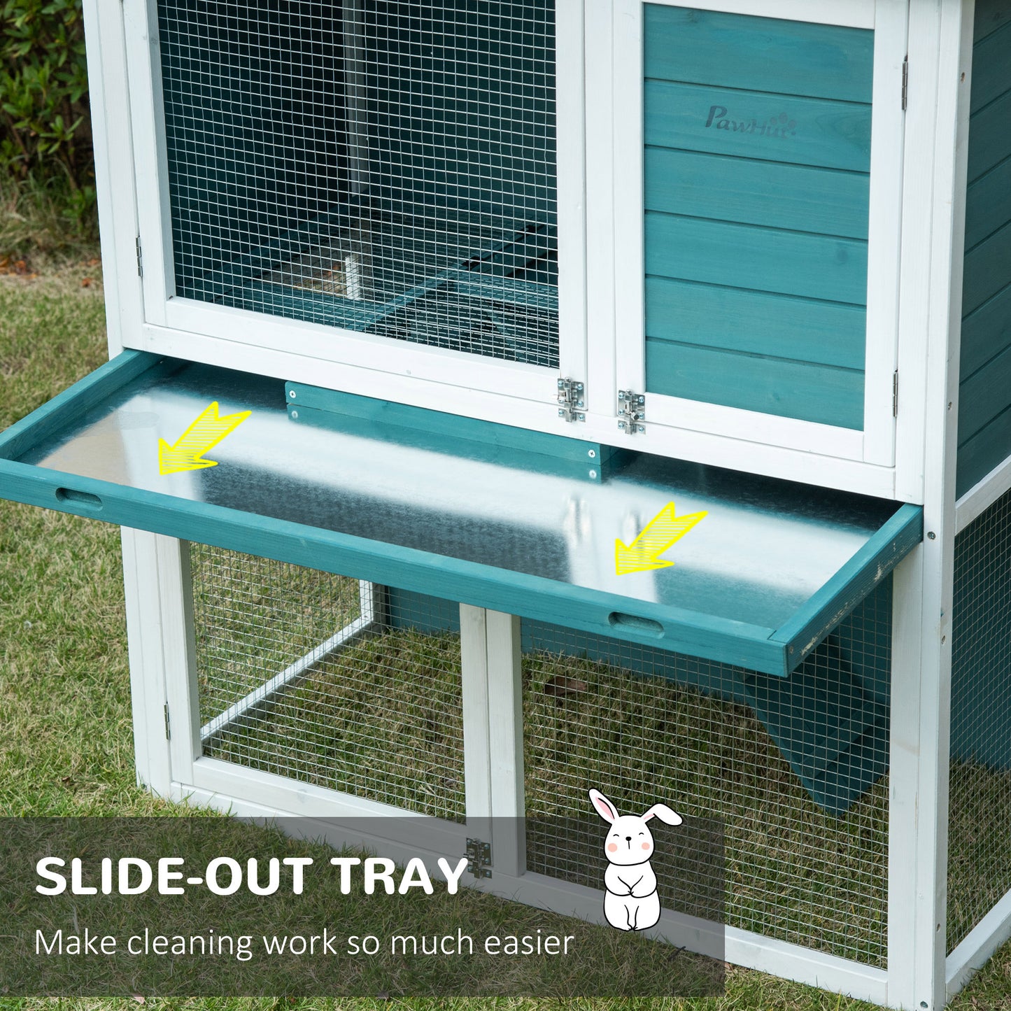 PawHut 2 Tier Wooden Rabbit Hutch, Guinea Pig Cage, Bunny Run, Small Animal House for Indoor Outdoor with Slide-out Tray, 104 x 58 x 110cm, Green