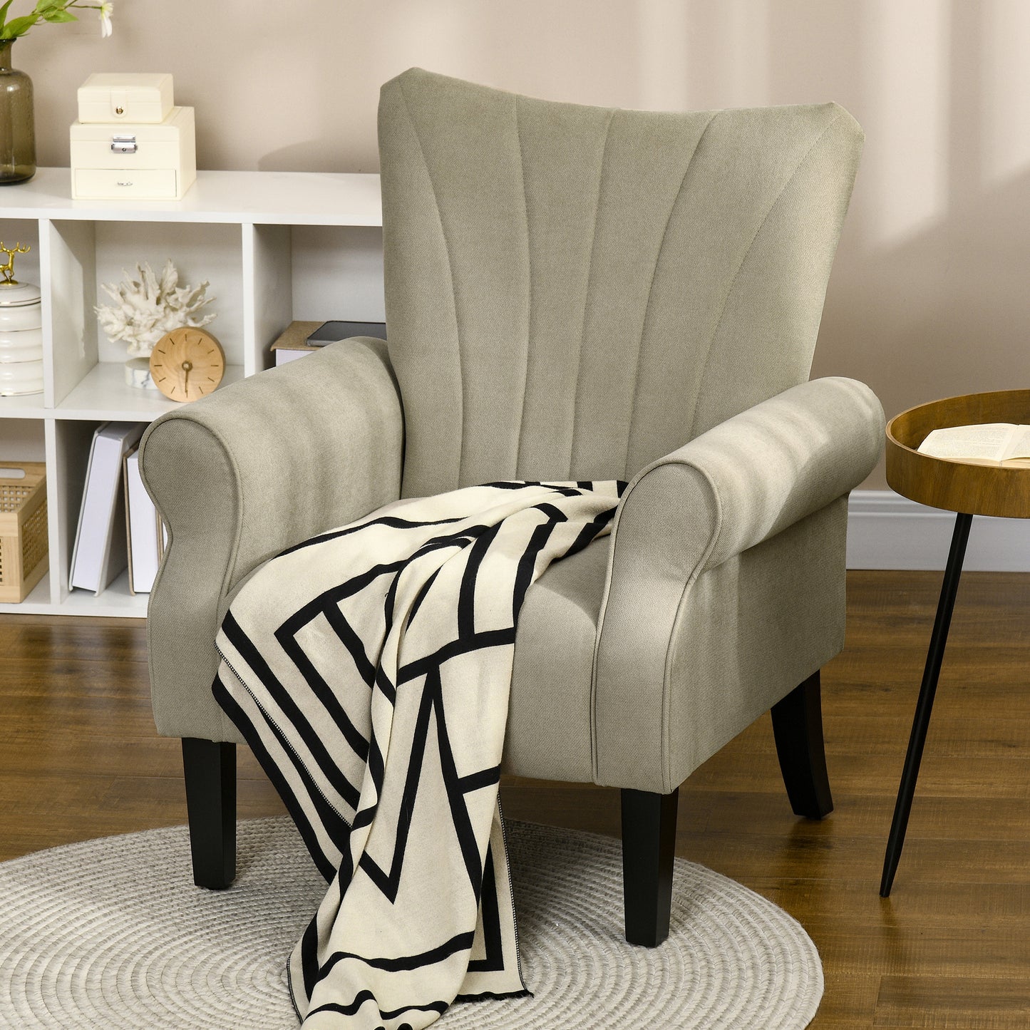 HOMCOM Upholstered Accent Chair with High Back Rolled Arms and Wood Legs Soft Thick Padded Armchair Beige