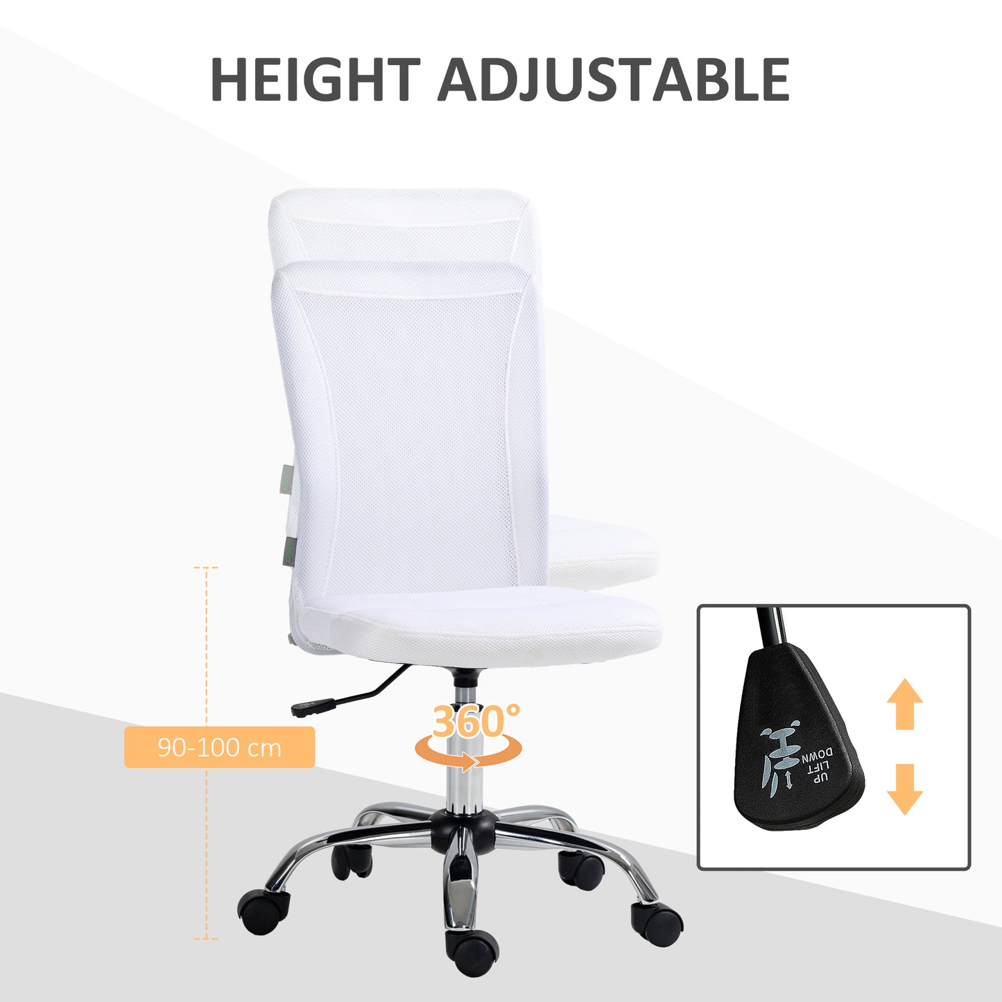 Vinsetto Computer Desk Chair Mesh Office Chair with Adjustable Height and Swivel Wheels Armless Study Chair White