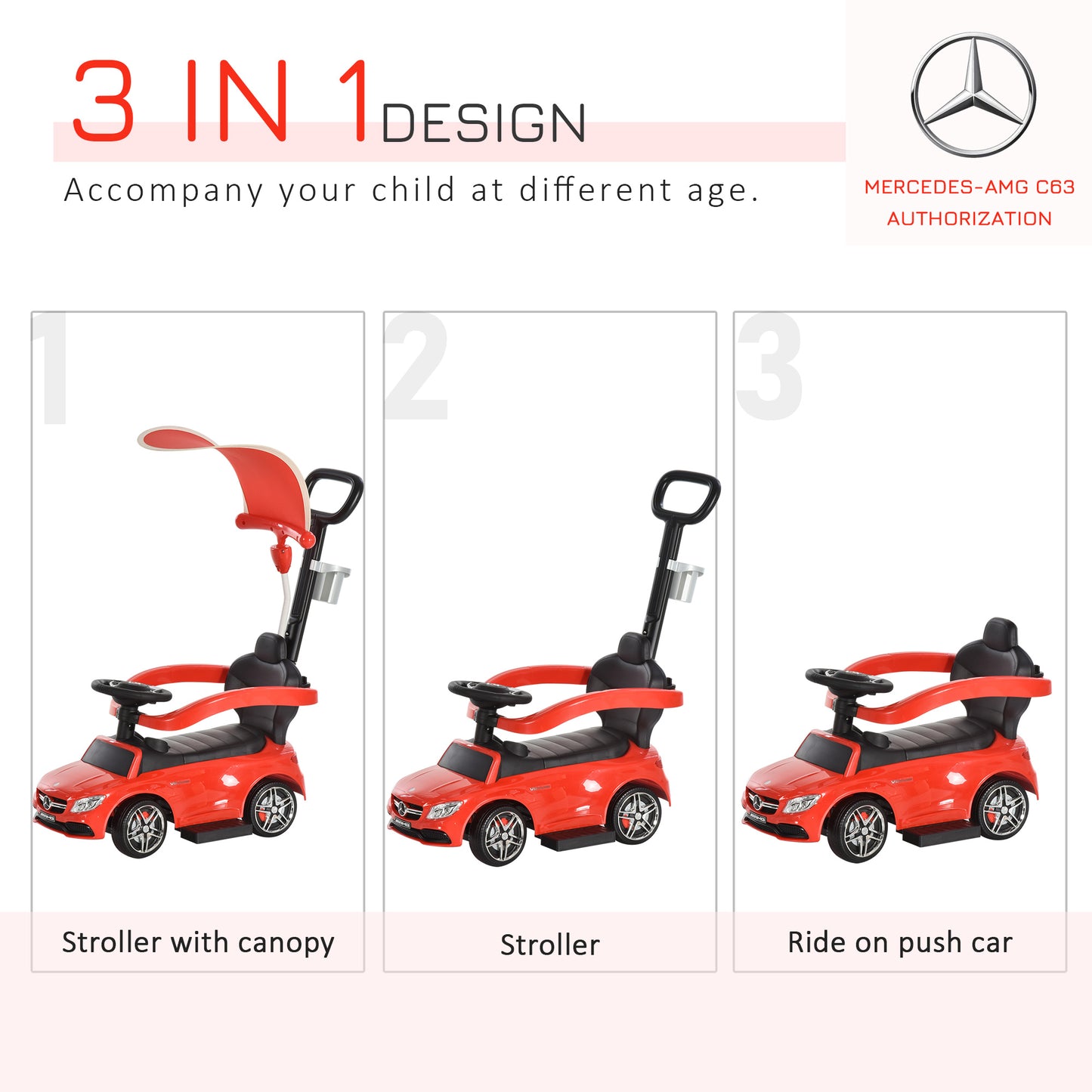 HOMCOM 3 in 1 Ride on Push Along Car Mercedes Benz for Toddlers Stroller Sliding Walking Car with Sun Canopy Horn Sound Safety Bar Cup Holder Ride on Toy for 1-3 Years Old Boy Girl Red
