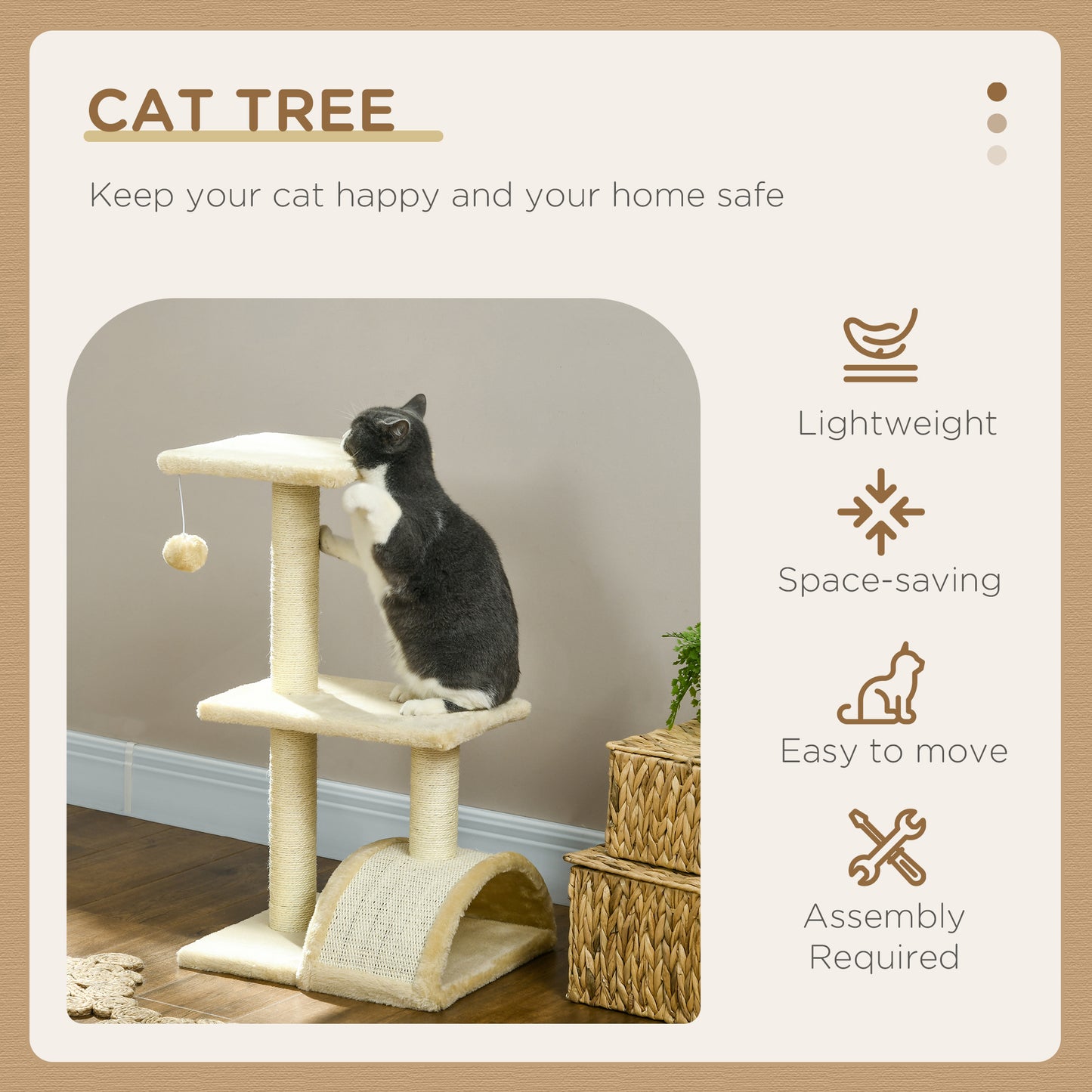 PawHut 72cm Cat Tree with Scratching Post Pad for Indoor Cats Cream White