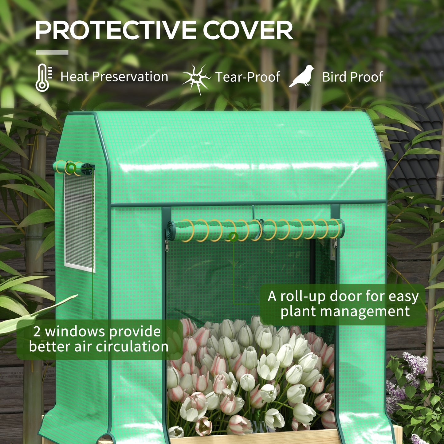 Outsunny Wooden Planter Box with PE Greenhouse Cover and Bed Liner Raised Garden Bed for Vegetables Flowers Herbs