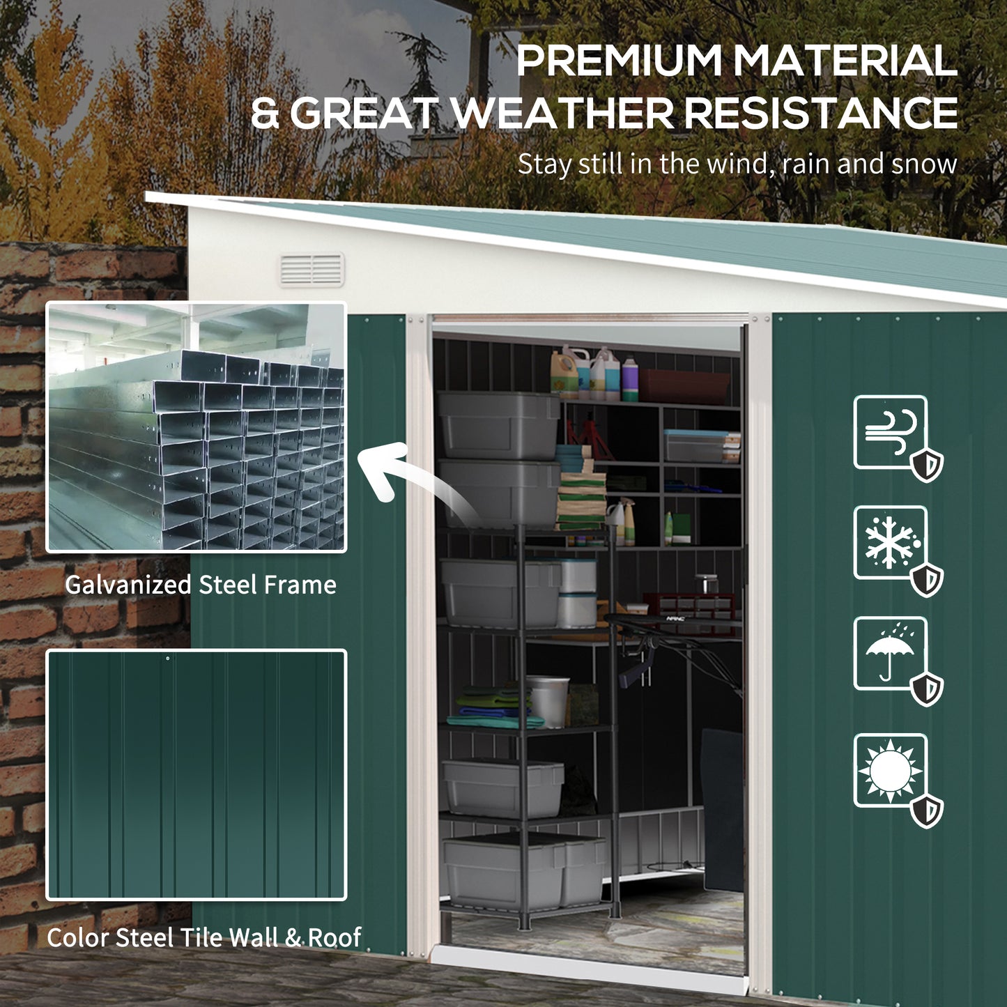 Outsunny Garden Metal Storage Shed Outdoor Metal Tool House with Double Sliding Doors and 2 Air Vents 11.3x9.2ft Green