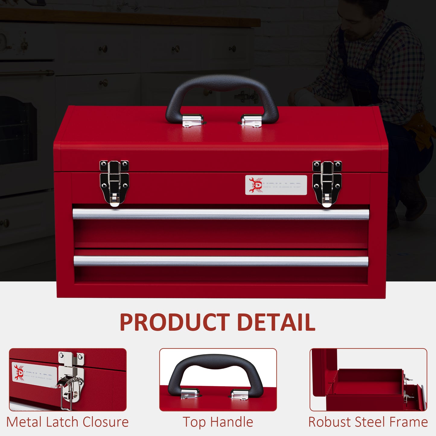 DURHAND Lockable Metal Tool Box 2 Drawer Tool Chest with Latches Handle Ball Bearing Runners Red