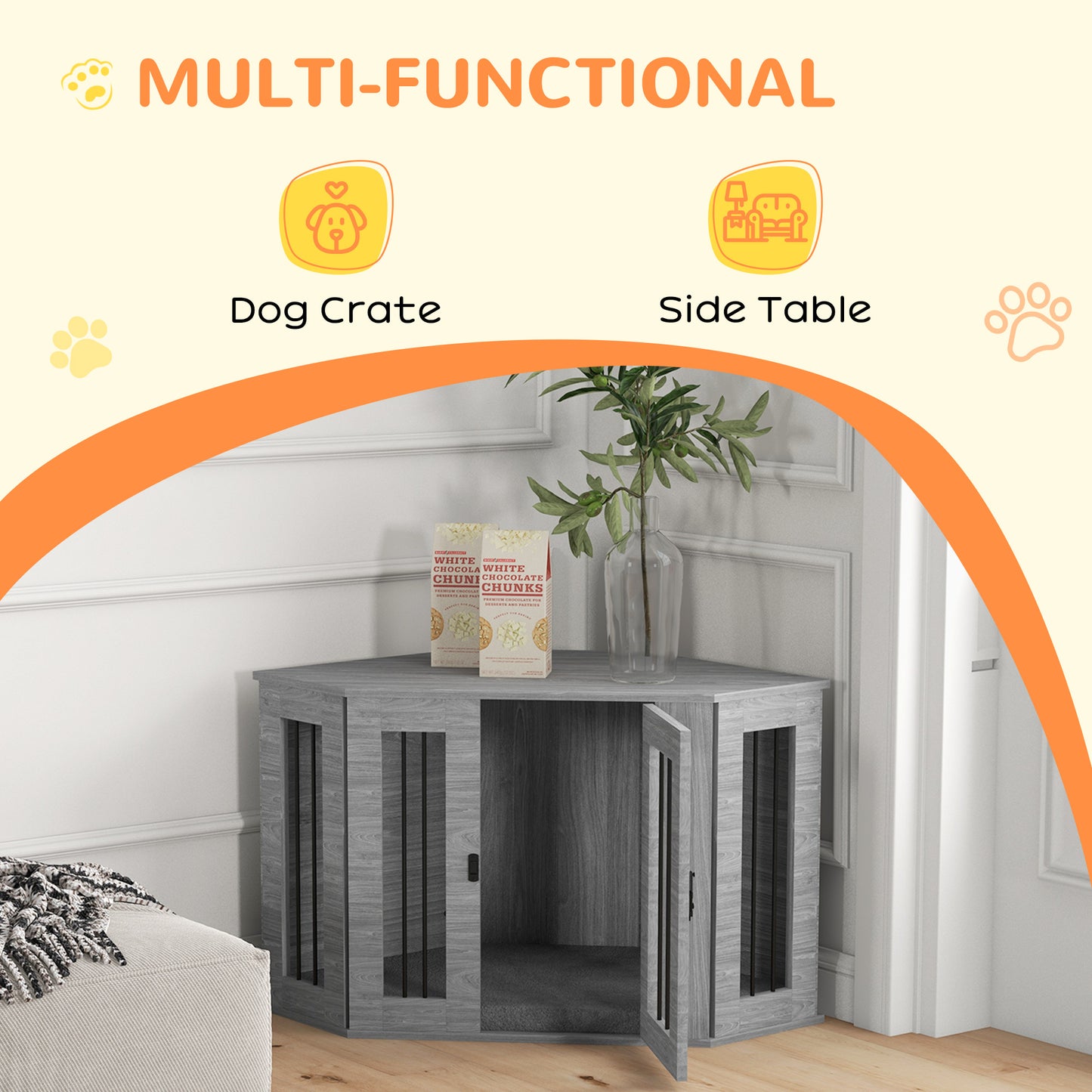 PawHut 2 in 1 Dog Crate Furniture Side Table with Cushion 104 x 55 x 63cm Grey