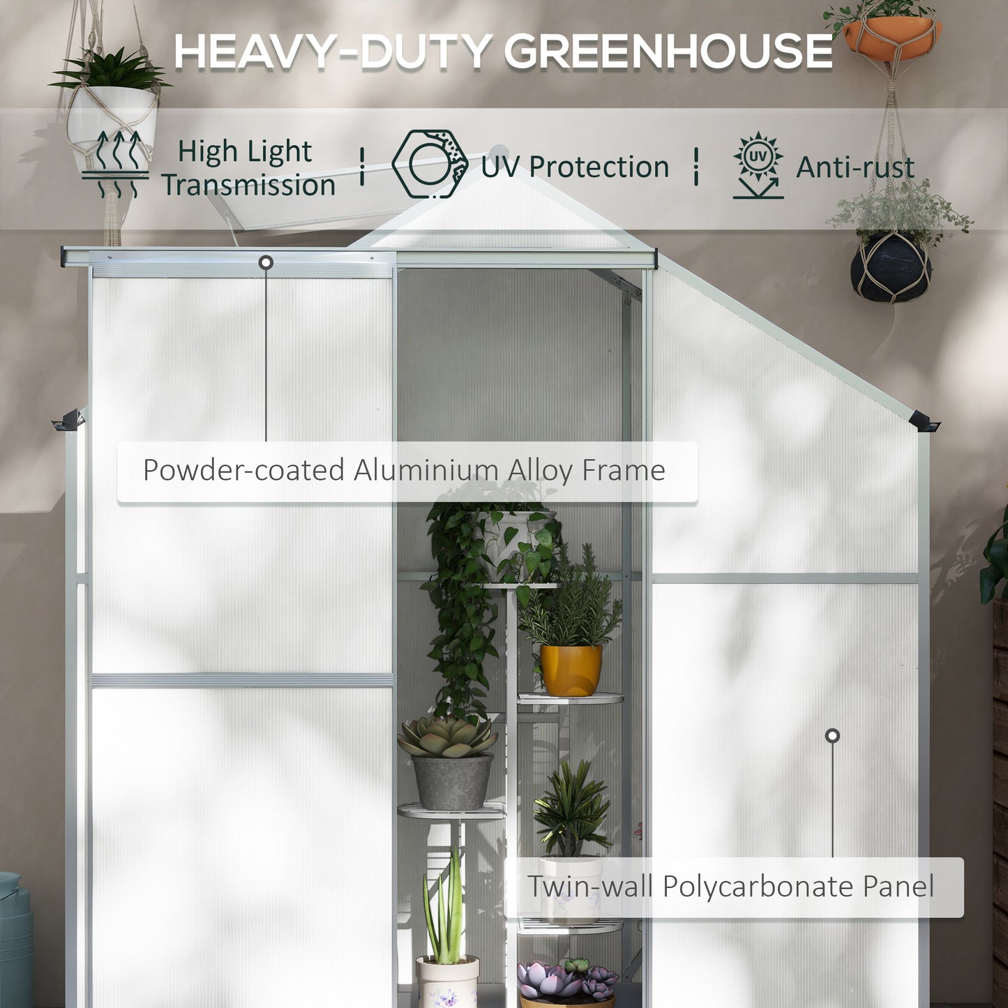 Outsunny 6 x 2.5ft Polycarbonate Greenhouse WalkIn Green House with Rain Gutter Sliding Door Window Foundation Silver