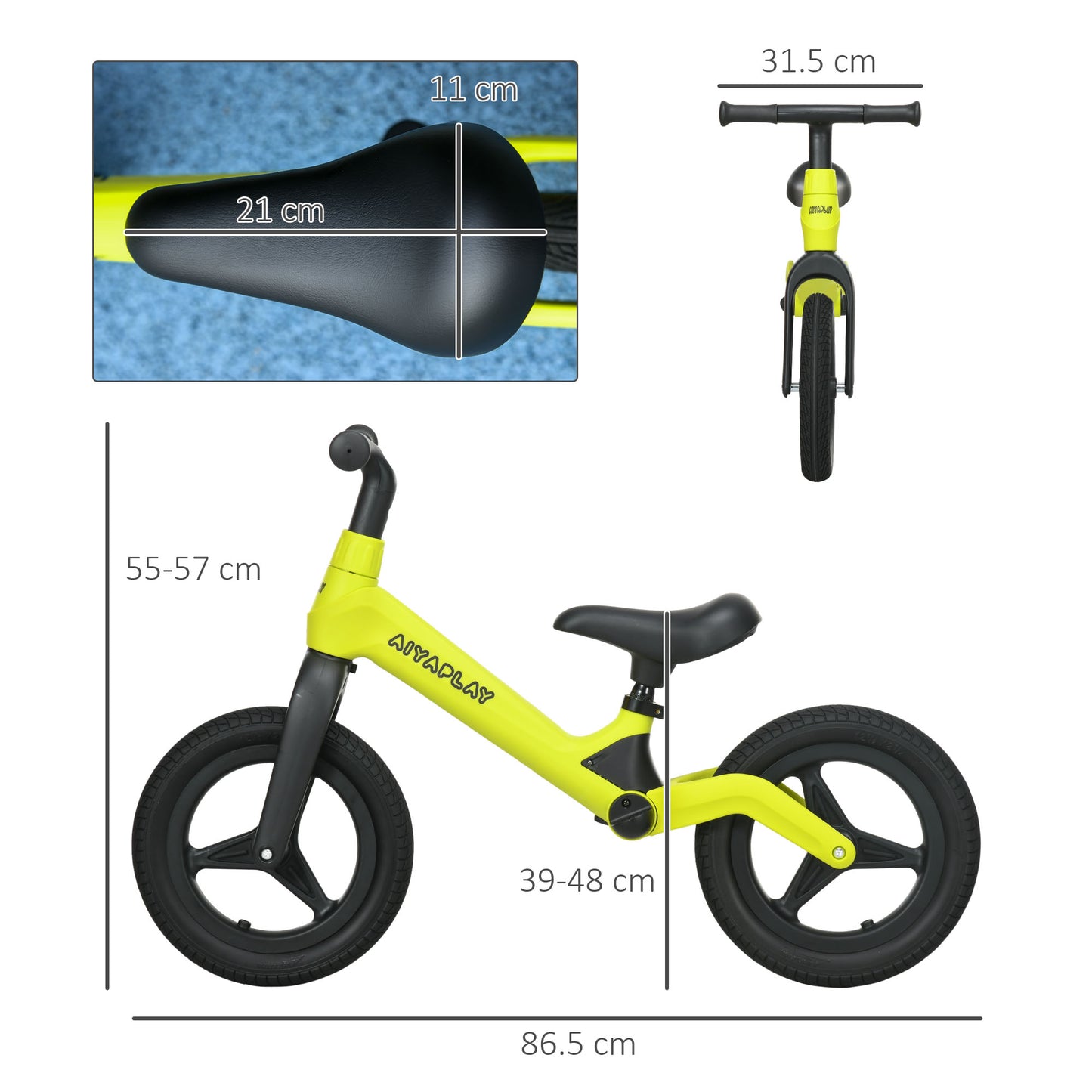 AIYAPLAY Balance Bike with Adjustable Seat and Handlebar, PU Wheels, No Pedal, for Ages 30-60 Months - Green