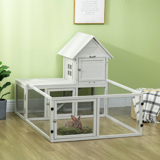 PawHut Wooden Rabbit Hutch with Extra Fenced Area, Large Guinea Pig Cage, Small Animal House for Indoor with Slide-out Tray, Light Grey