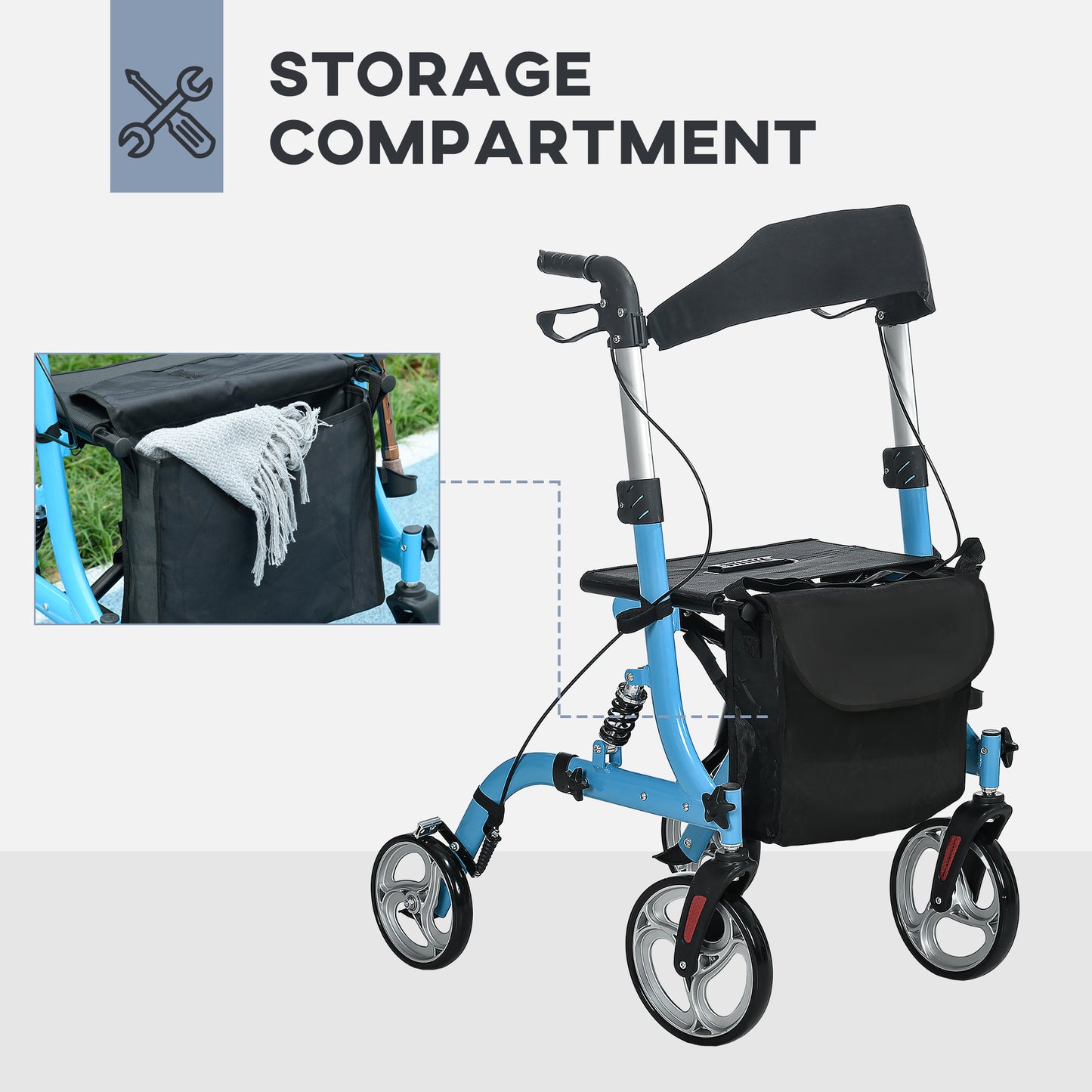 HOMCOM 4 Wheel Rollator with Seat and Back Lightweight Folding Mobility Walker with Large Wheels Carry Bag Adjustable Height Aluminium Walking Frame with Dual Brakes for Seniors Blue