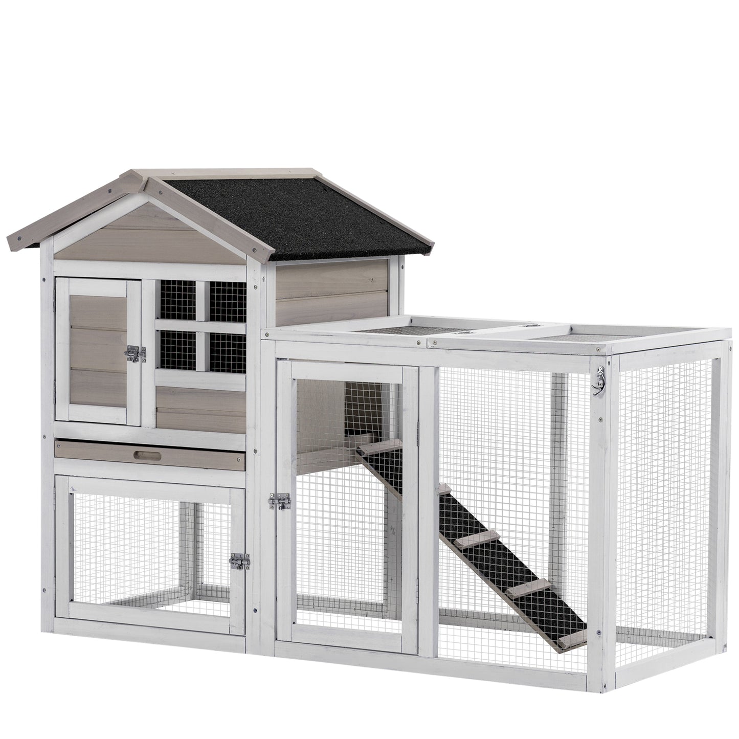 PawHut 2 in 1 Wooden Rabbit Hutch, Double Main House Guinea Pig Cage, Bunny Run, Small Animal House with Run Box, Ramp, 259 x 64 x 92cm, Grey