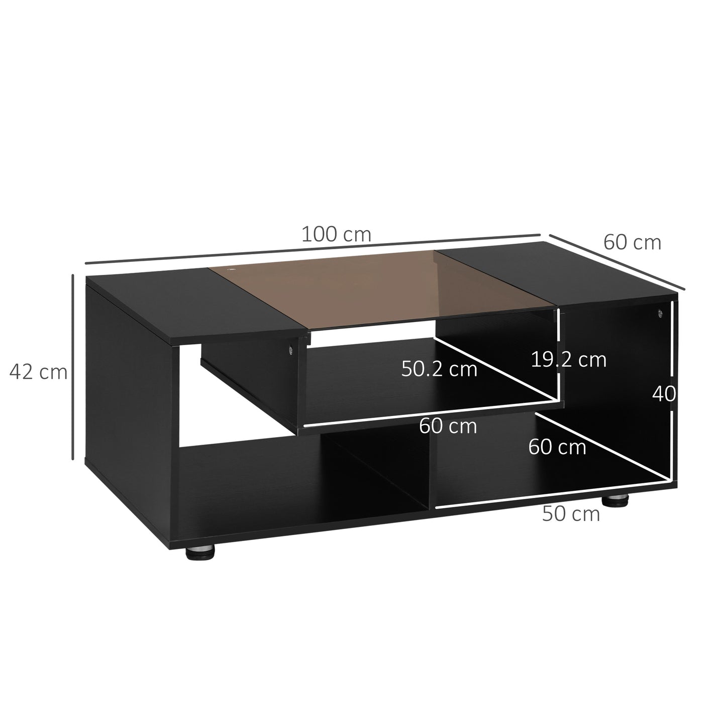 HOMCOM Modern Coffee Table with Tempered Glass Top, Cocktail Table with 3-Tier Storage Shelves for Living Room, Black