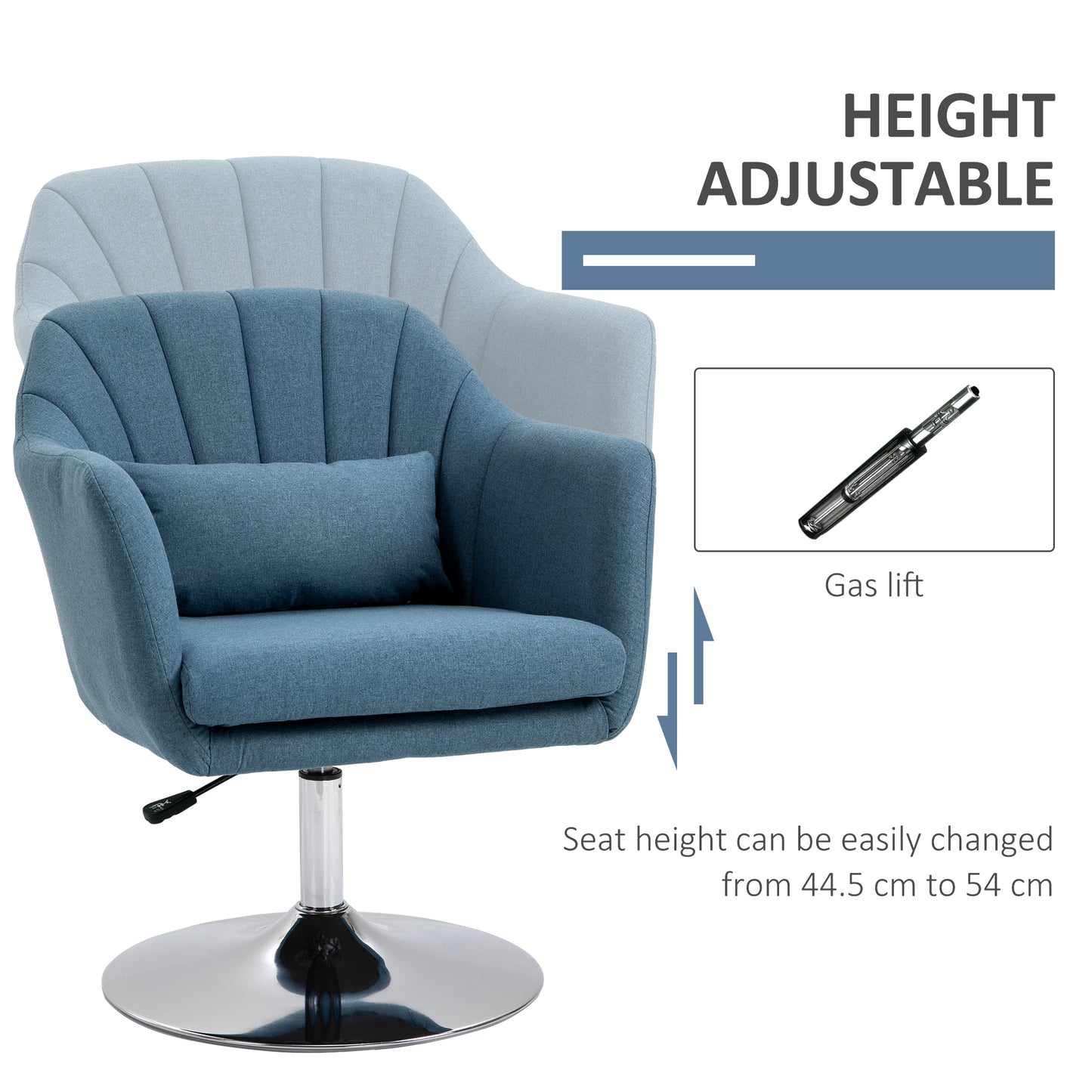 HOMCOM Swivel Accent Chair for Living Room Contemporary Vanity Armchair with Adjustable Height Thick Cushion Lumbar Support Armrest for Bedroom Office Blue