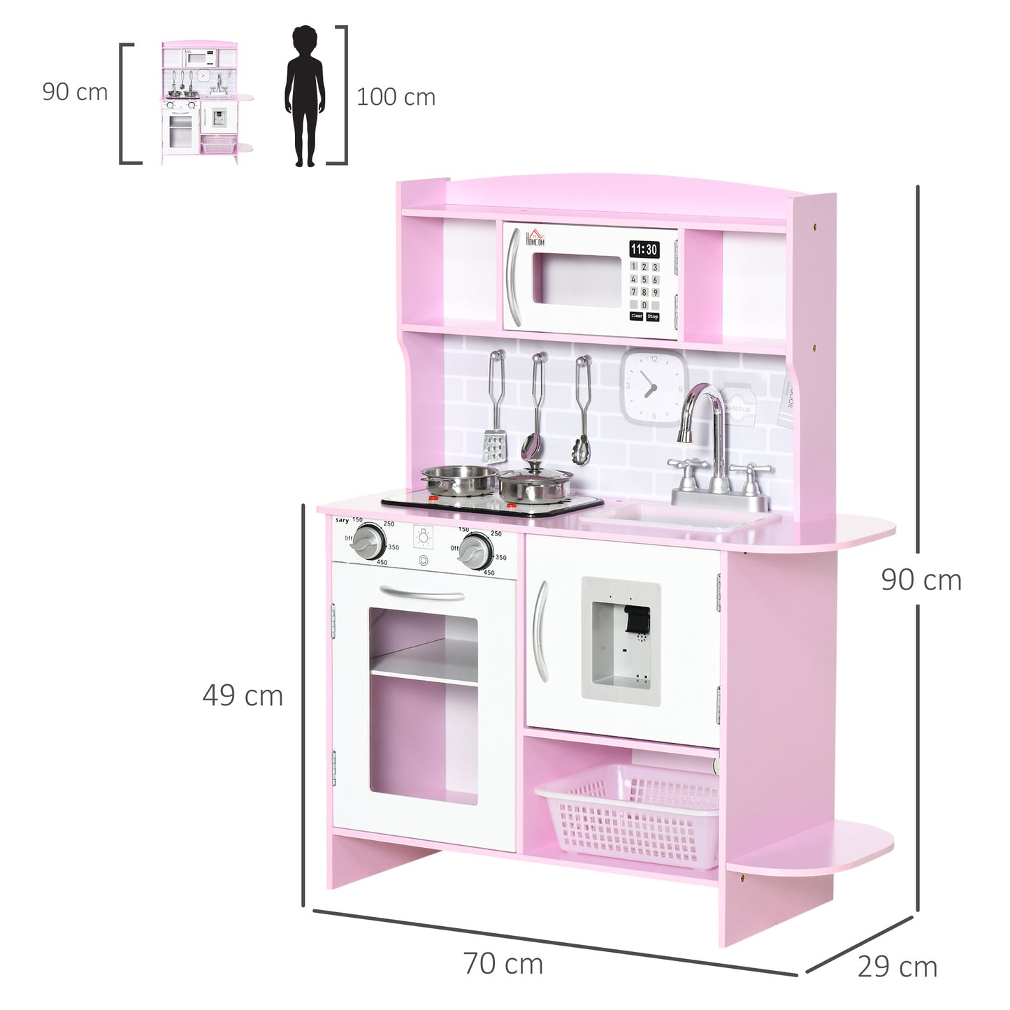 HOMCOM Wooden Play Kitchen with Lights Sounds Pink 70 x 29 x 90 cm