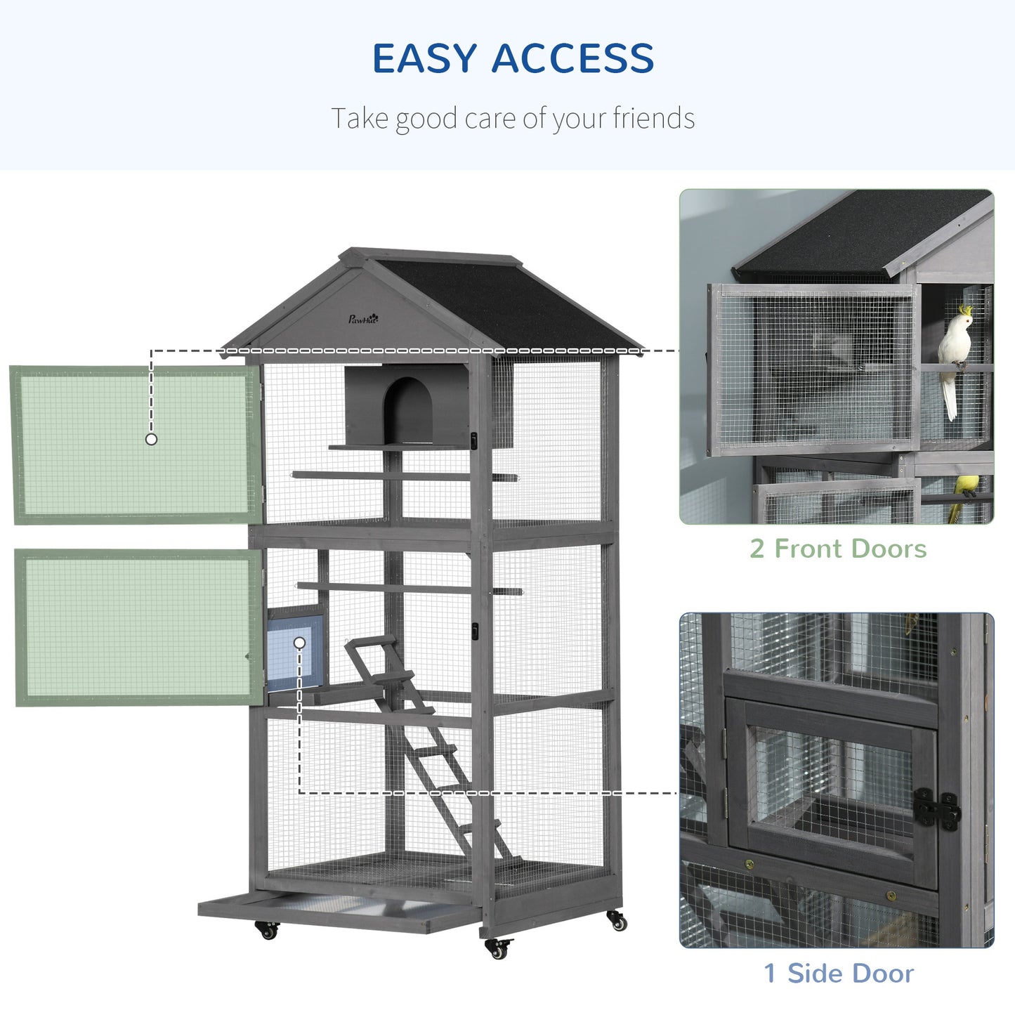 PawHut Bird Cage Mobile Wooden Aviary House for Canary Cockatiel Parrot with Wheel Perch Nest Ladder Slide-out Tray 86 x 78 x 180cm Dark Grey